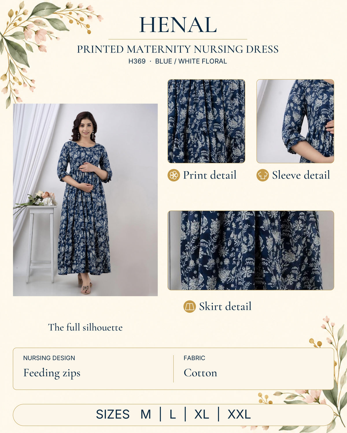 HENAL H369 Blue / white floral detail guide showing the full original outfit and close-ups of print detail, sleeve detail, skirt detail. Feeding zips; Cotton. Size options: M, L, XL, XXL.