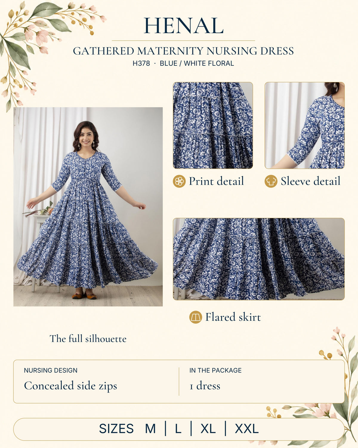 HENAL H378 Blue / white floral detail guide showing the full original outfit and close-ups of print detail, sleeve detail, flared skirt. Concealed side zips; 1 dress. Size options: M, L, XL, XXL.