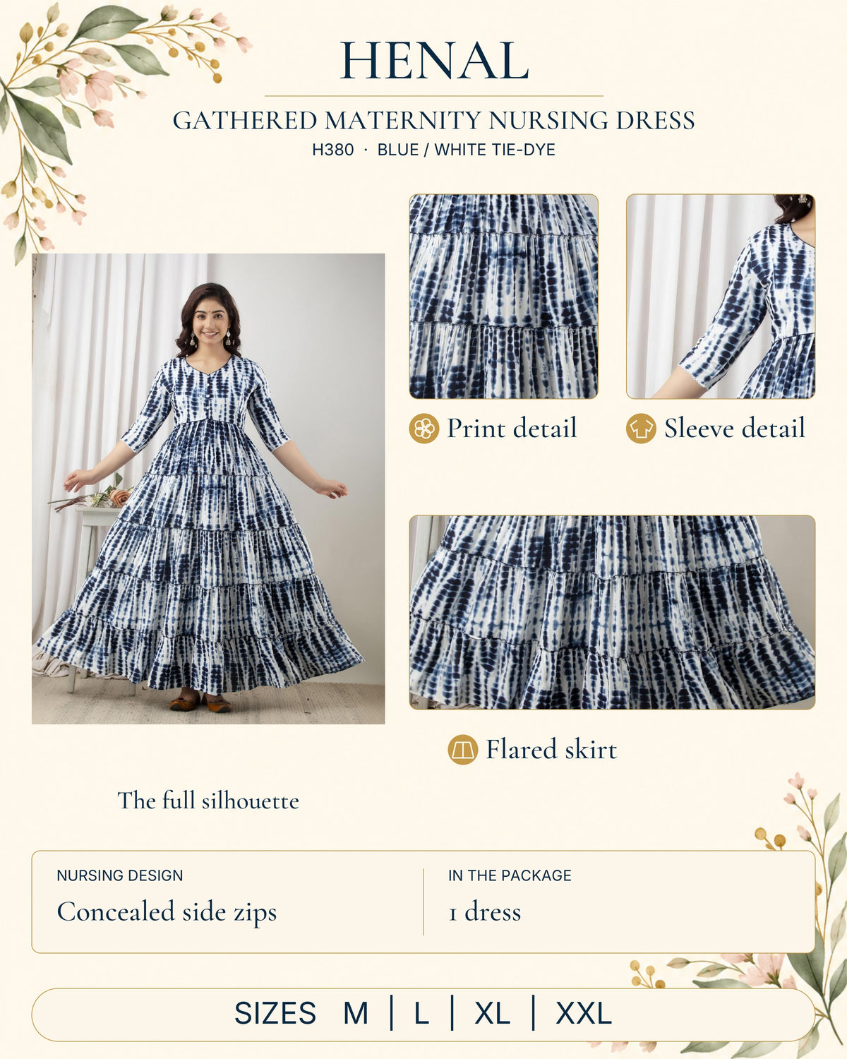 HENAL H380 Blue / white tie-dye detail guide showing the full original outfit and close-ups of print detail, sleeve detail, flared skirt. Concealed side zips; 1 dress. Size options: M, L, XL, XXL.