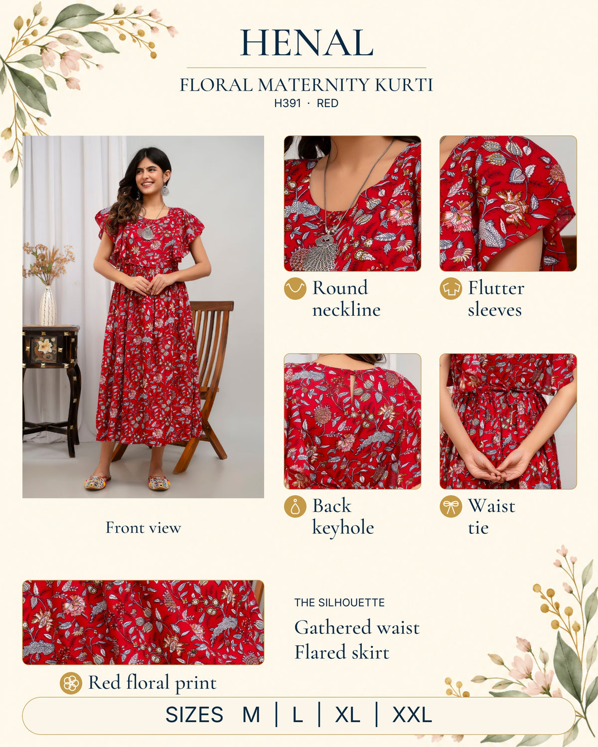 HENAL H391 Red floral maternity kurti infographic with original full-length front photo and close-ups of round neckline, flutter sleeves, back keyhole, waist tie and red floral print; gathered waist and flared skirt; size range M, L, XL and XXL.