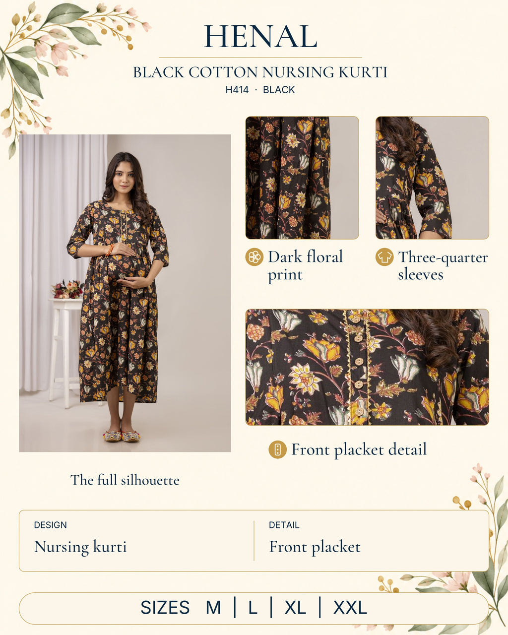 HENAL H414 Black detail guide: full original garment photograph with close-ups of dark floral print, three-quarter sleeves, front placket detail. Size options: M, L, XL, XXL.