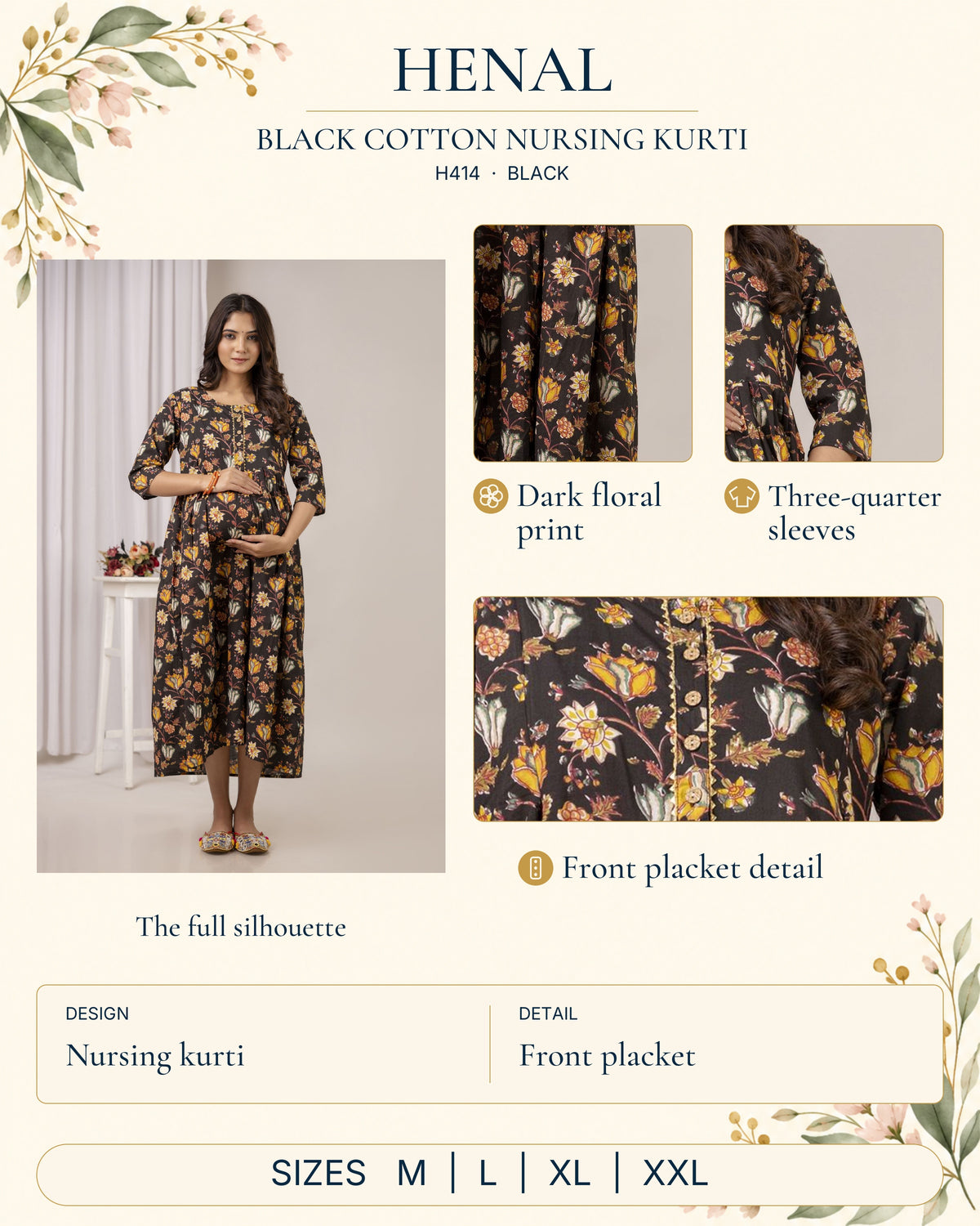 HENAL H414 Black detail guide: full original garment photograph with close-ups of dark floral print, three-quarter sleeves, front placket detail. Size options: M, L, XL, XXL.