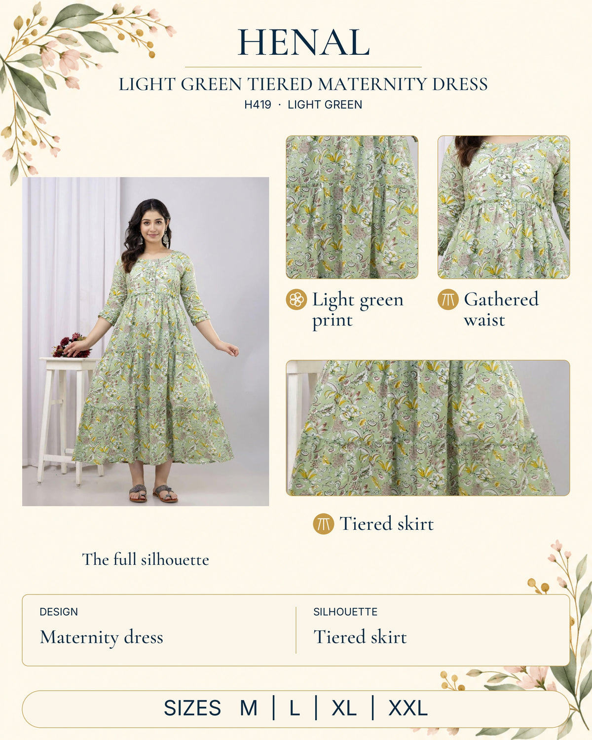 HENAL H419 Light Green detail guide: full original garment photograph with close-ups of light green print, gathered waist, tiered skirt. Size options: M, L, XL, XXL.