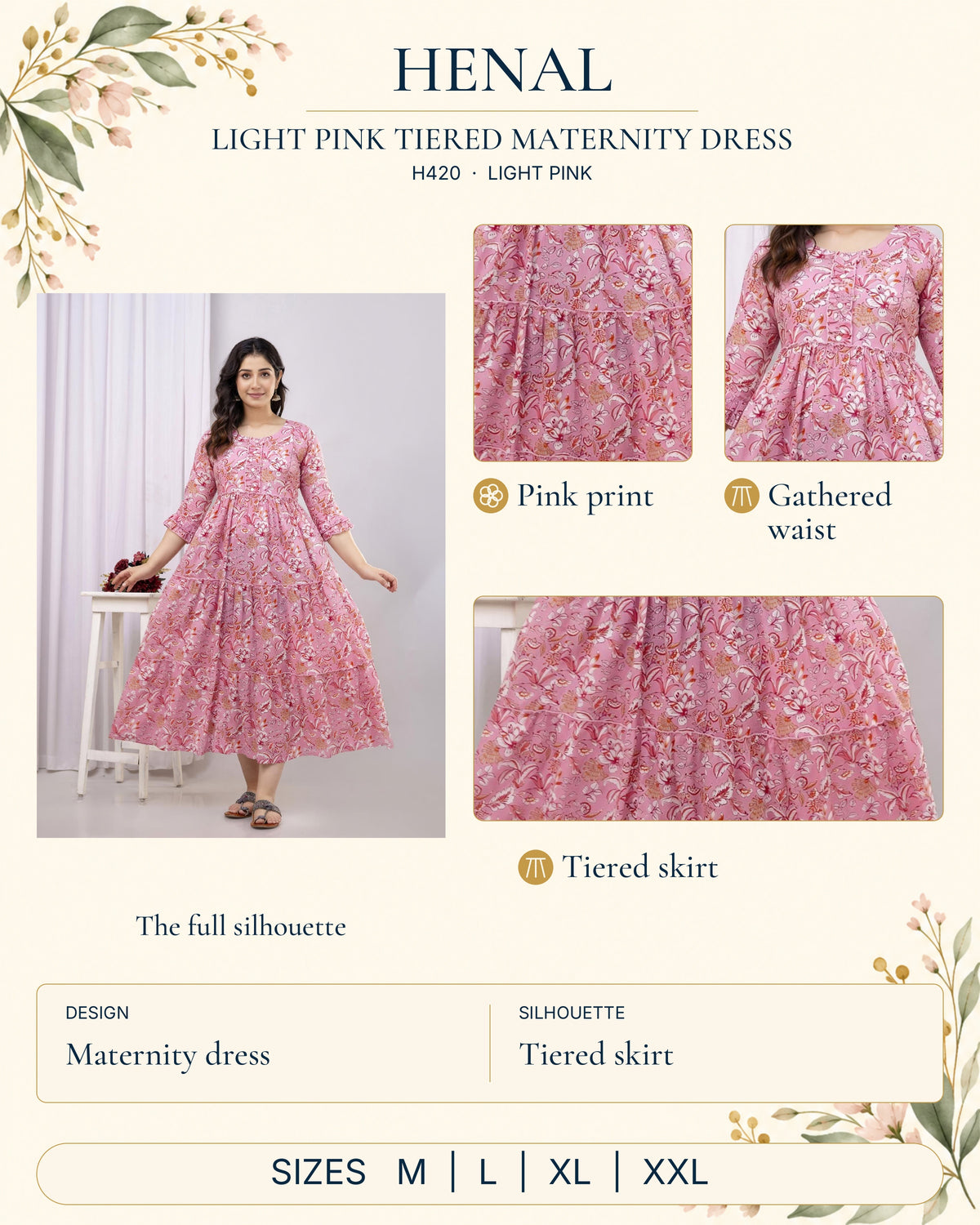 HENAL H420 Light Pink detail guide: full original garment photograph with close-ups of pink print, gathered waist, tiered skirt. Size options: M, L, XL, XXL.
