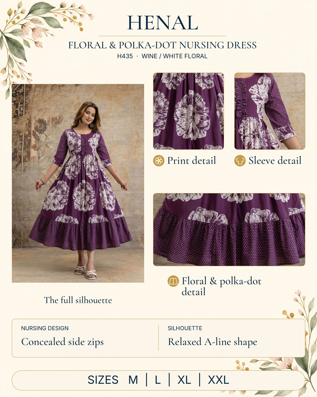 HENAL H435 Wine / white floral detail guide showing the full original outfit and close-ups of print detail, sleeve detail, floral & polka-dot detail. Concealed side zips; Relaxed A-line shape. Size options: M, L, XL, XXL.