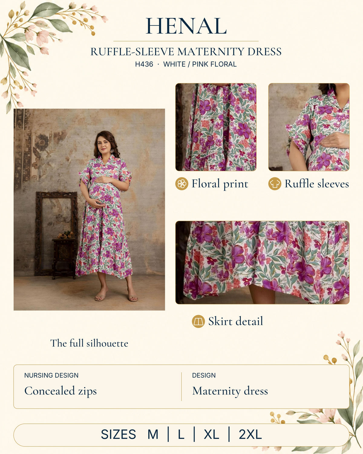 HENAL H436 White / pink floral detail guide showing the full original outfit and close-ups of floral print, ruffle sleeves, skirt detail. Concealed zips; Maternity dress. Size options: M, L, XL, 2XL.