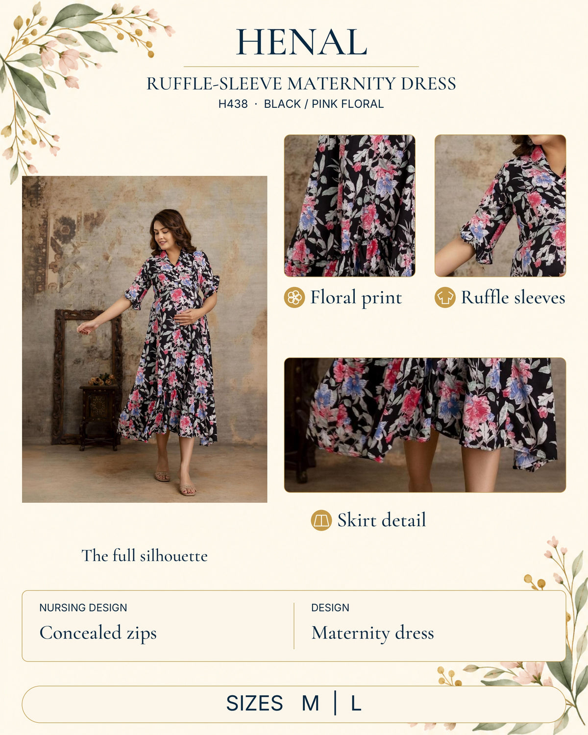 HENAL H438 Black / pink floral detail guide showing the full original outfit and close-ups of floral print, ruffle sleeves, skirt detail. Concealed zips; Maternity dress. Size options: M, L.