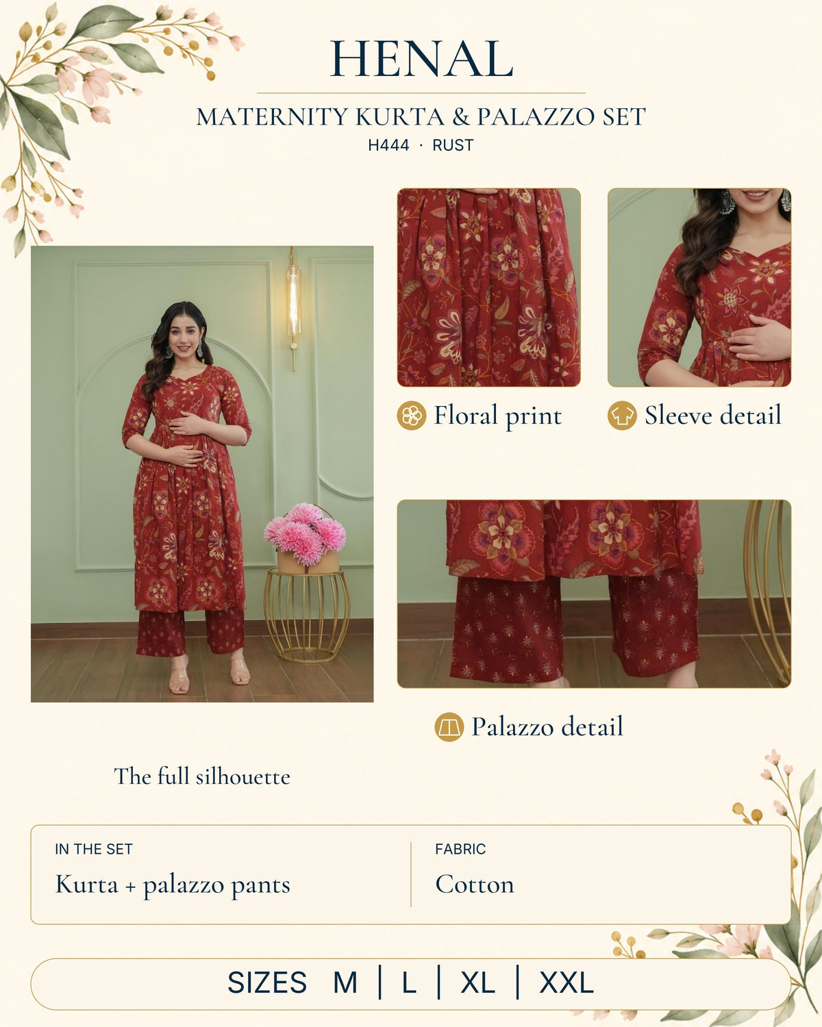 HENAL H444 rust floral cotton maternity kurta and palazzo set infographic with original photos, three-quarter sleeves, gathered kurta, matching palazzos and sizes M, L, XL and XXL.