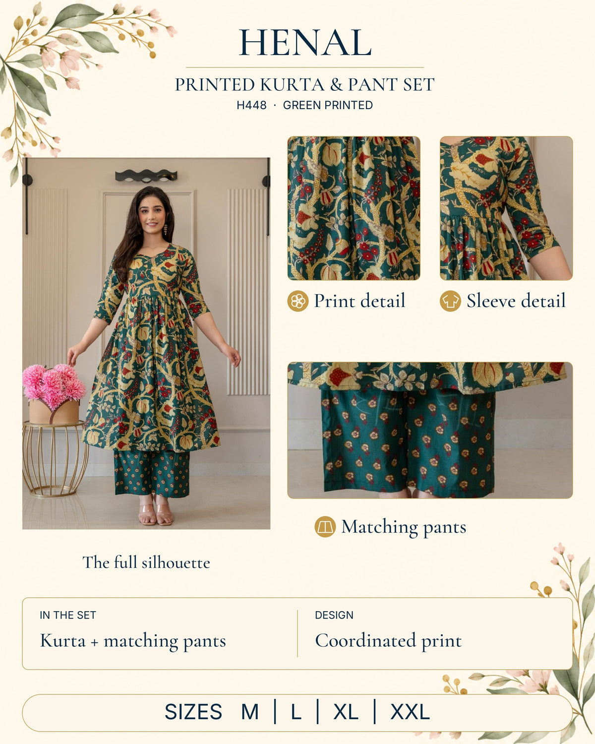 HENAL H448 maternity kurta and pant set infographic using matching original photographs and verified product details; one kurta and one pair of pants, sizes M, L, XL and XXL.