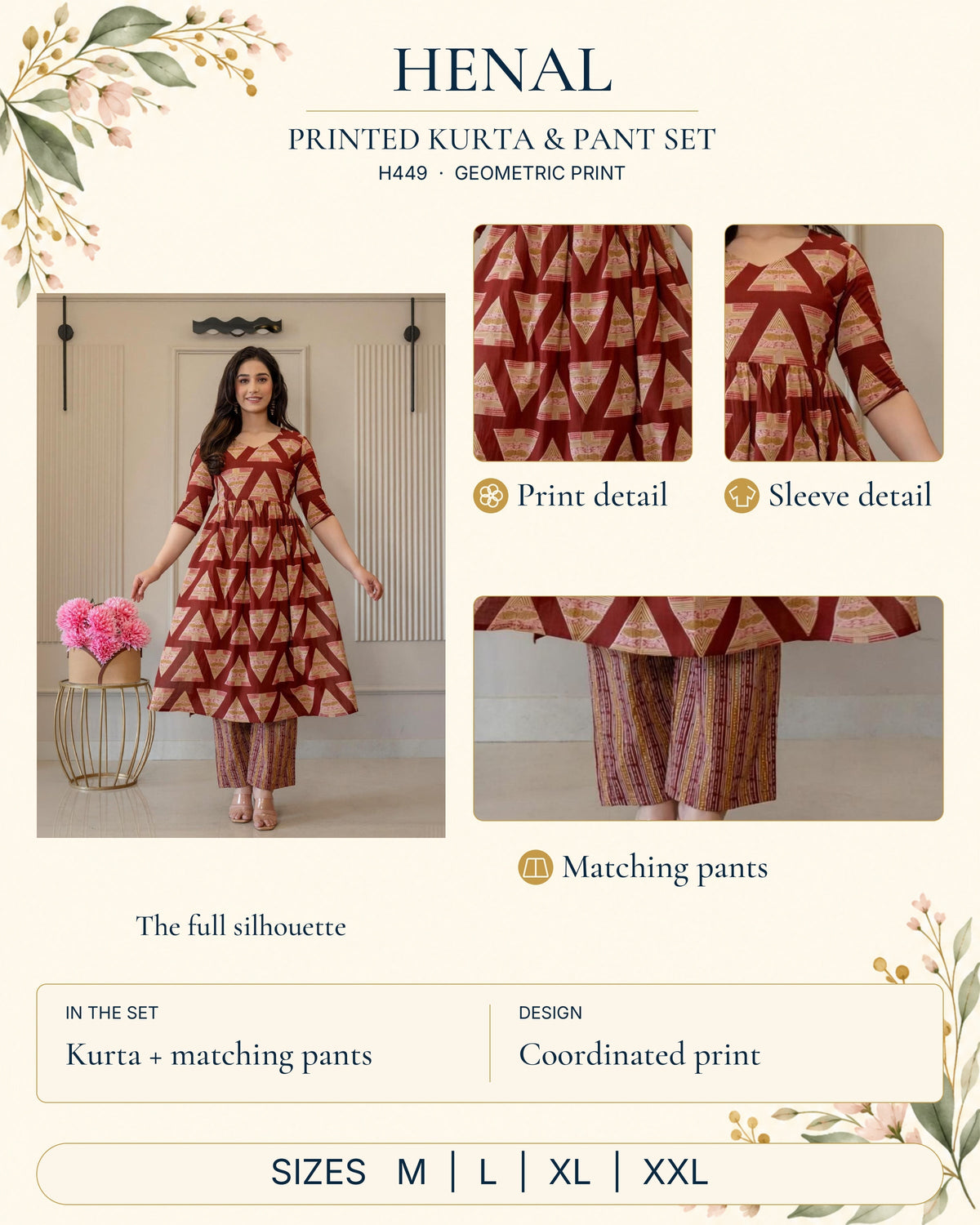 HENAL H449 maternity kurta and pant set infographic using matching original photographs and verified product details; one kurta and one pair of pants, sizes M, L, XL and XXL.