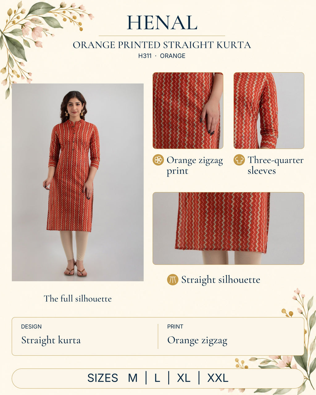 HENAL H311 Orange detail guide: full original garment photograph with close-ups of orange zigzag print, three-quarter sleeves, straight silhouette. Size options: M, L, XL, XXL.