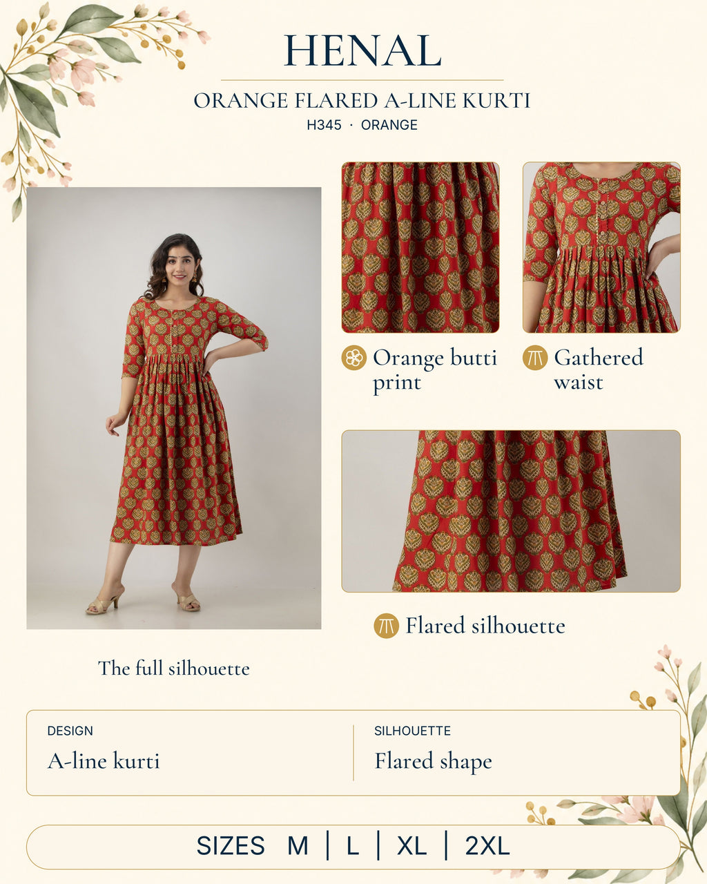 HENAL H345 Orange detail guide: full original garment photograph with close-ups of orange butti print, gathered waist, flared silhouette. Size options: M, L, XL, 2XL.