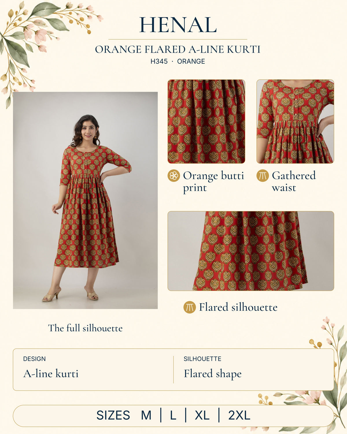 HENAL H345 Orange detail guide: full original garment photograph with close-ups of orange butti print, gathered waist, flared silhouette. Size options: M, L, XL, 2XL.
