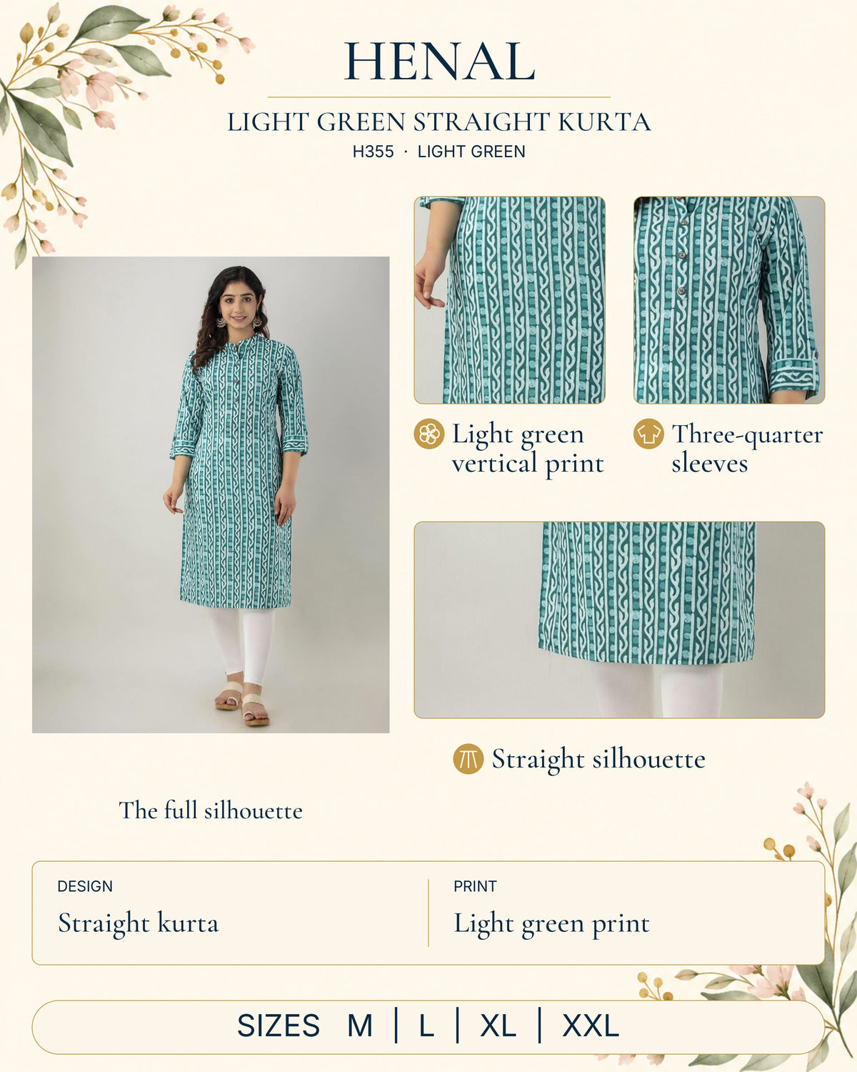 HENAL H355 Light Green detail guide: full original garment photograph with close-ups of light green vertical print, three-quarter sleeves, straight silhouette. Size options: M, L, XL, XXL.