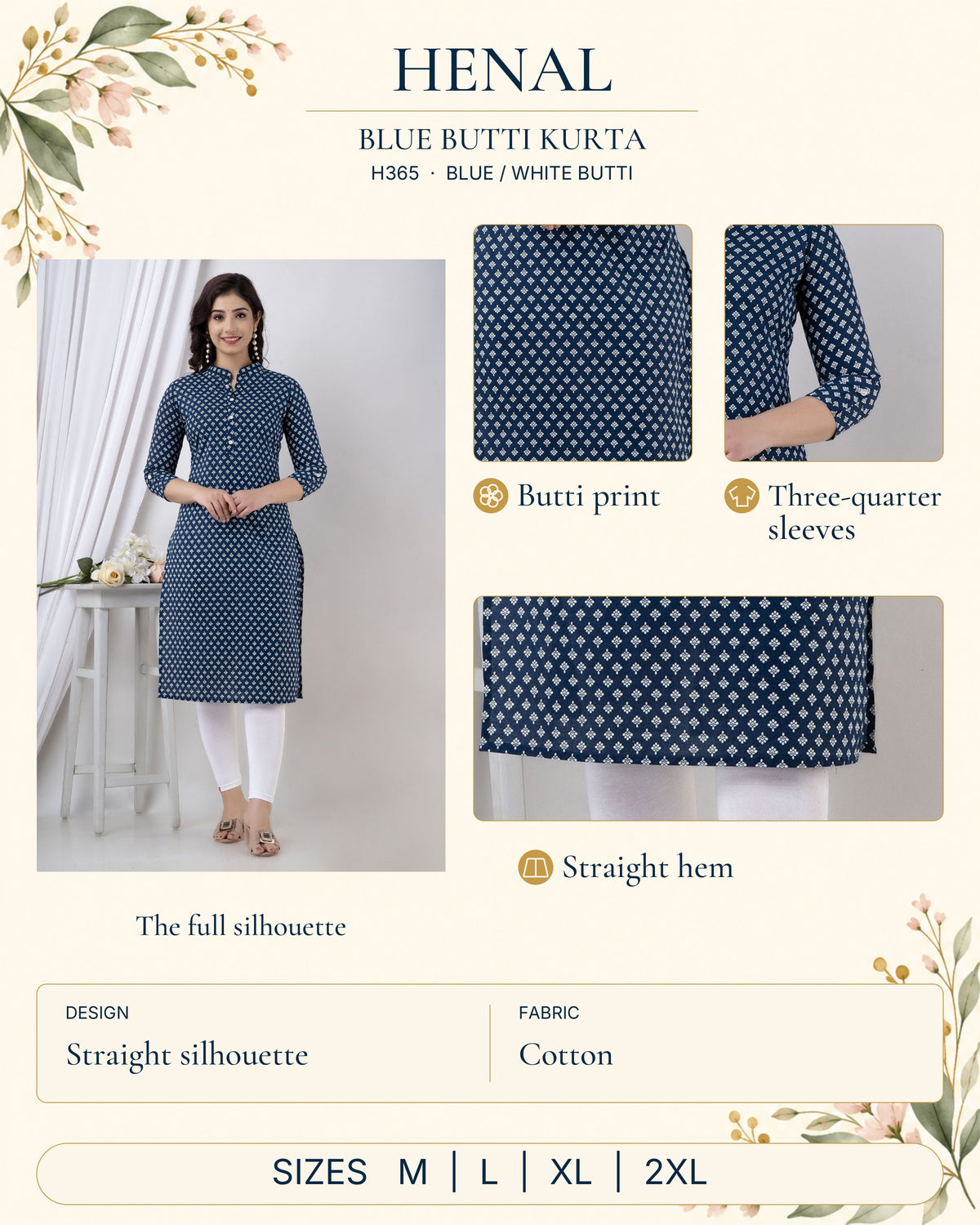 HENAL H365 Blue / white butti detail guide showing the full original outfit and close-ups of butti print, three-quarter sleeves, straight hem. Straight silhouette; Cotton. Size options: M, L, XL, 2XL.