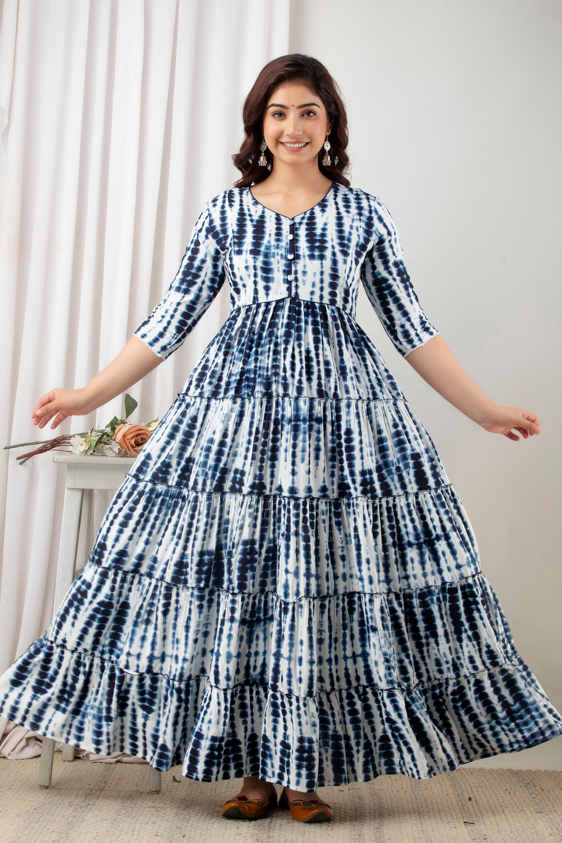 Indigo Blue Tie-Dye Pure Cotton Maternity Dress | Feeding Friendly Comfortable Pregnancy Wear - HENAL