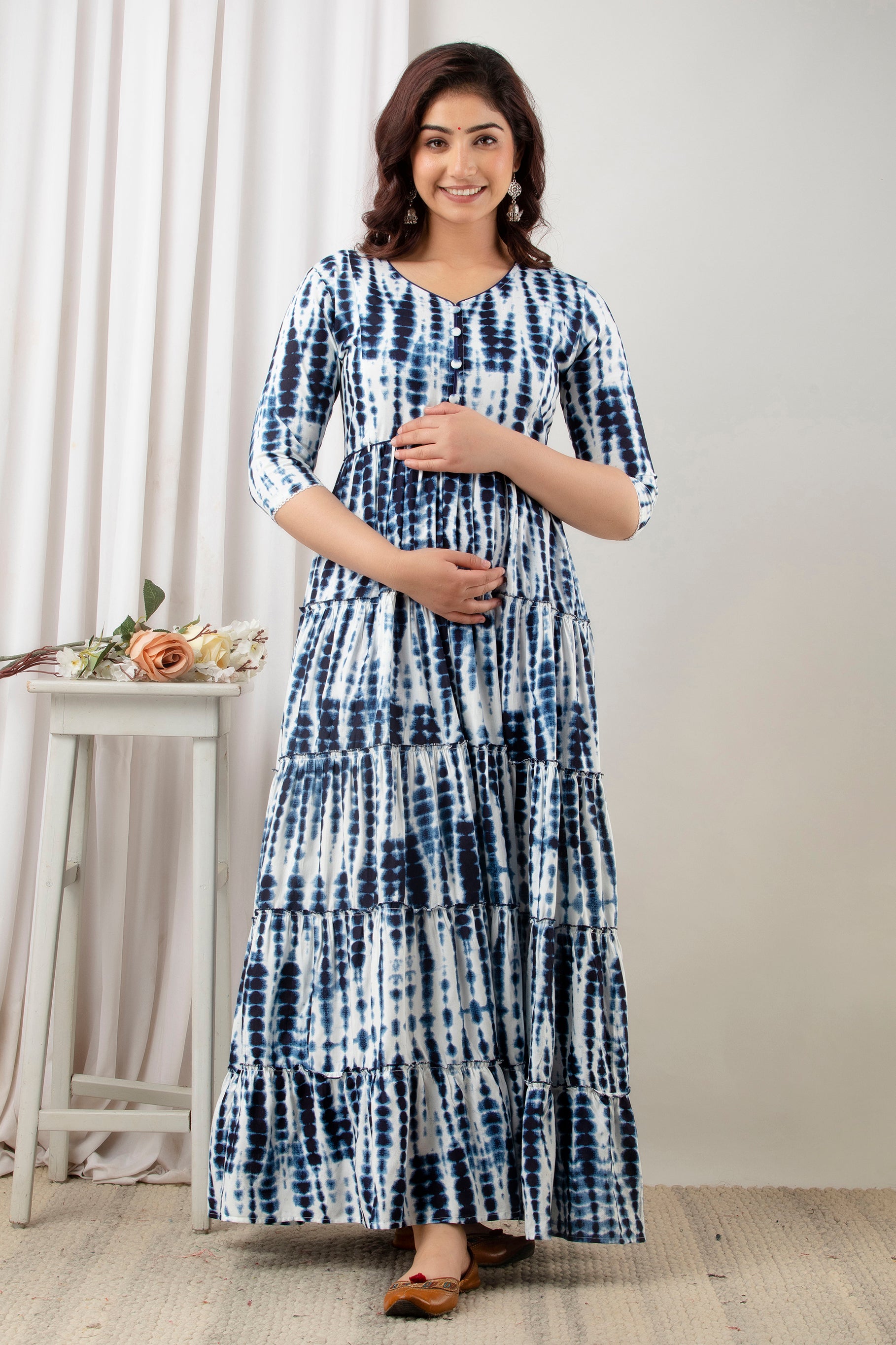 Indigo Blue Tie-Dye Pure Cotton Maternity Dress | Feeding Friendly Comfortable Pregnancy Wear - HENAL