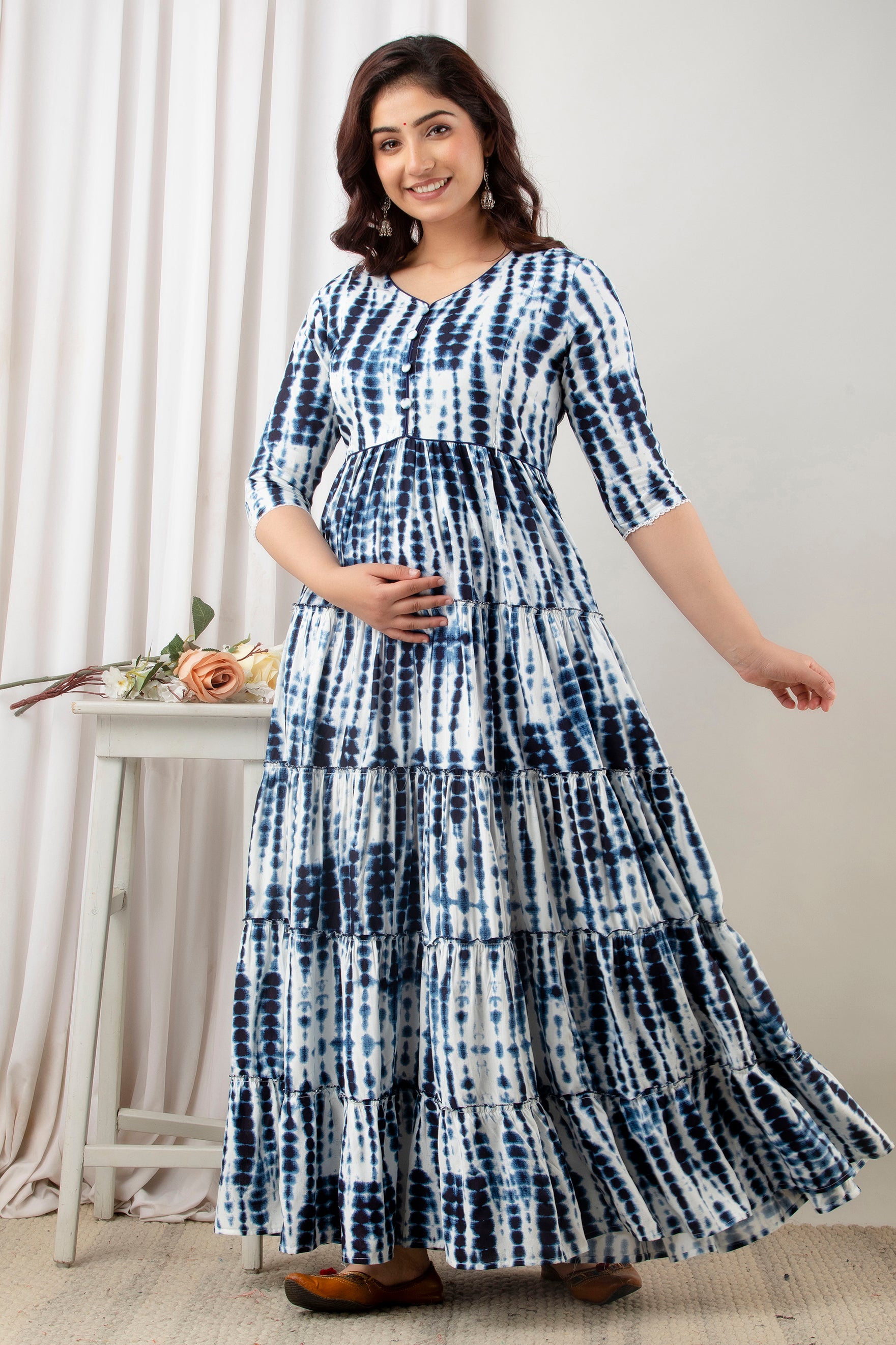 Indigo Blue Tie-Dye Pure Cotton Maternity Dress | Feeding Friendly Comfortable Pregnancy Wear - HENAL