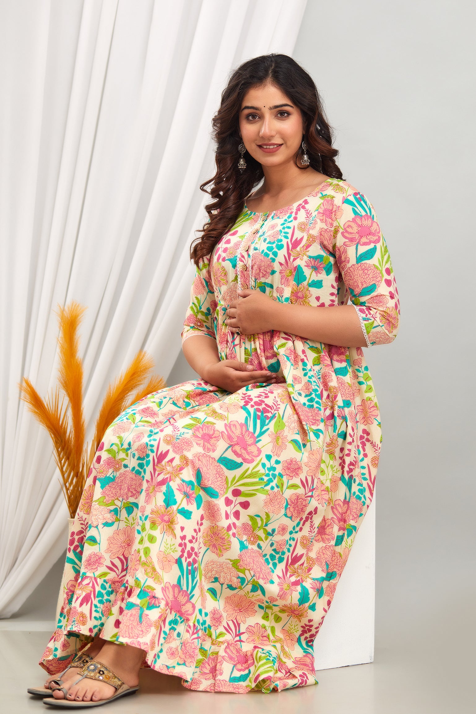 Cream Floral Pure Cotton Maternity Dress | Feeding Friendly Comfortable Pregnancy Wear - HENAL