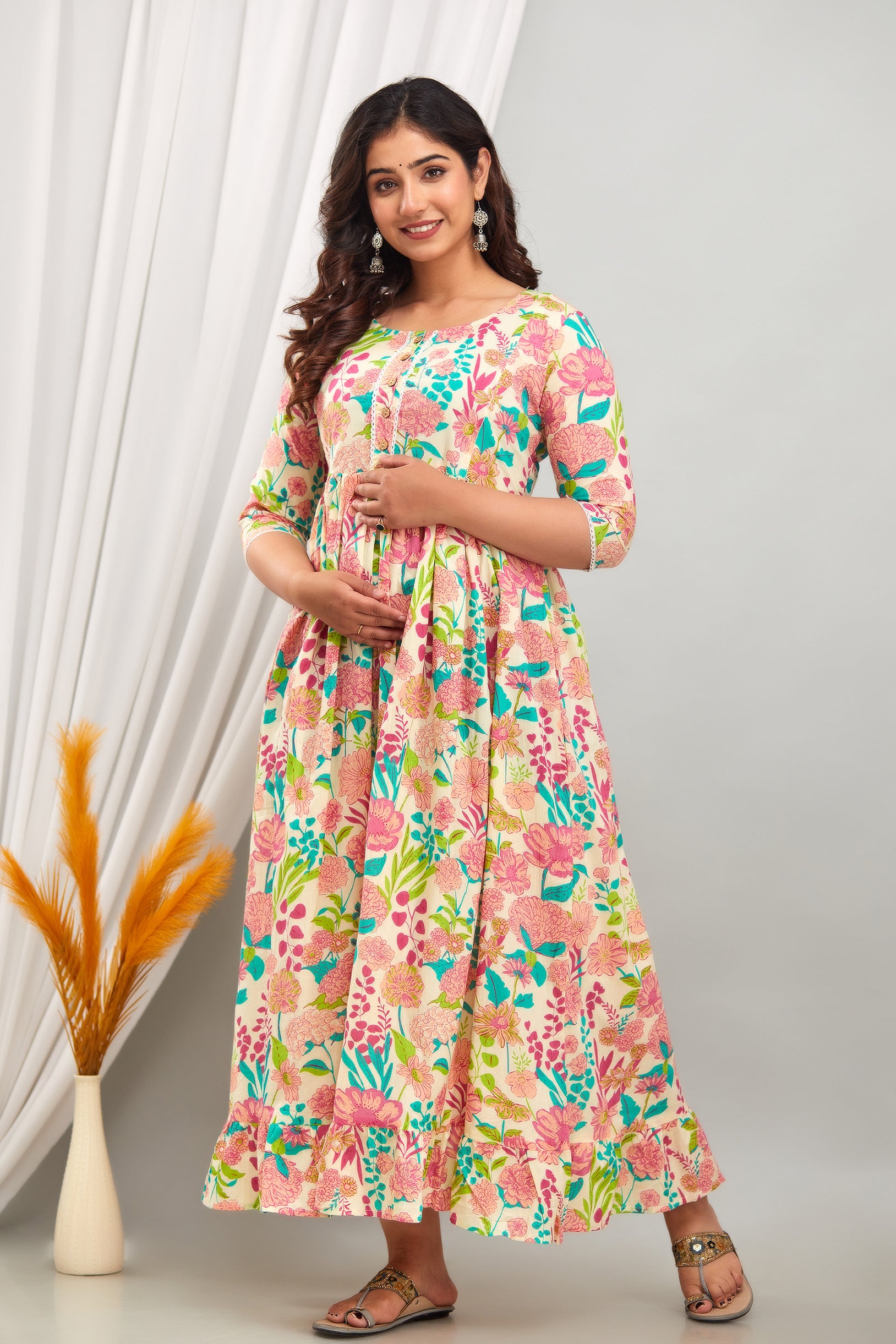 Cream Floral Pure Cotton Maternity Dress | Feeding Friendly Comfortable Pregnancy Wear - HENAL