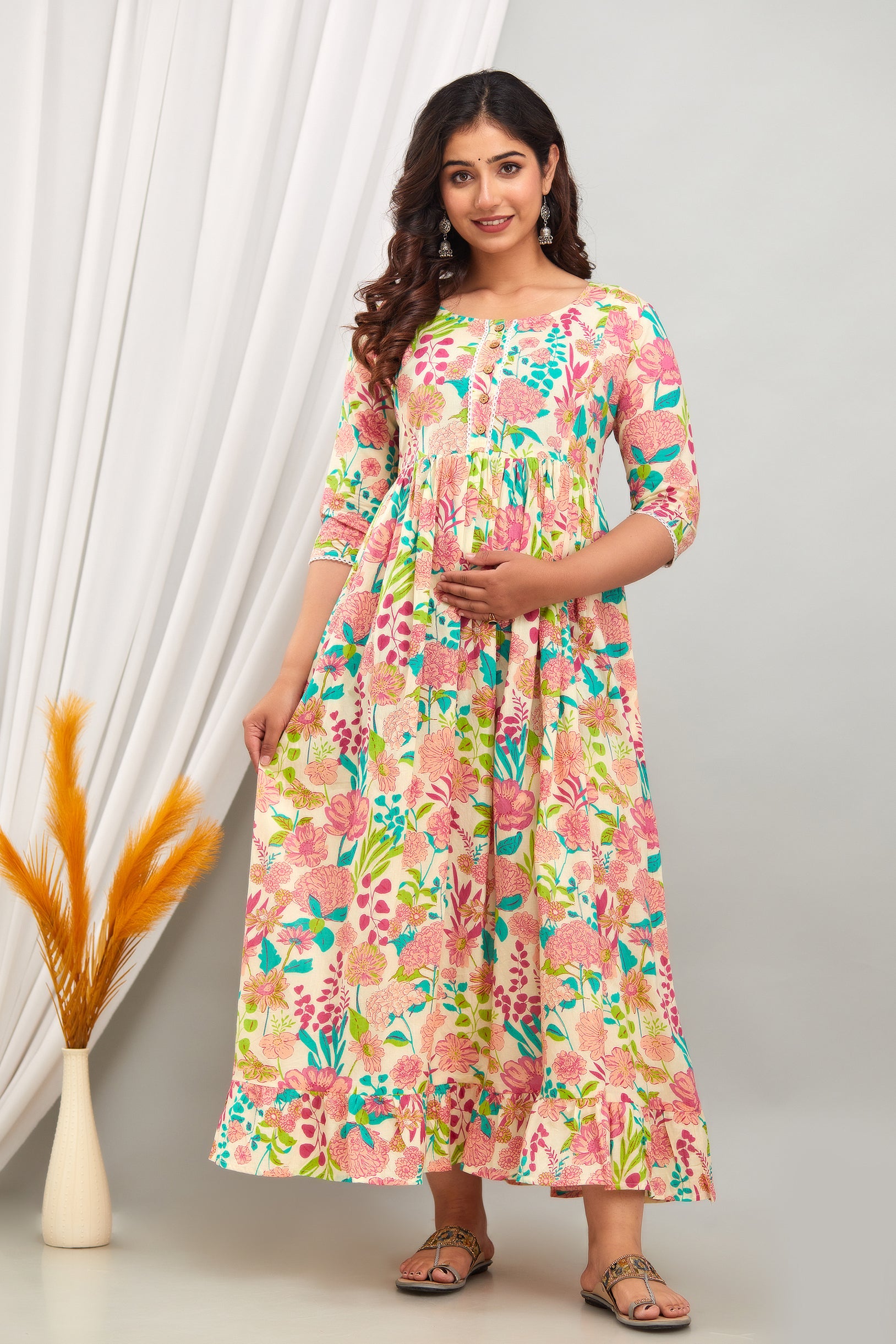Cream Floral Pure Cotton Maternity Dress | Feeding Friendly Comfortable Pregnancy Wear - HENAL