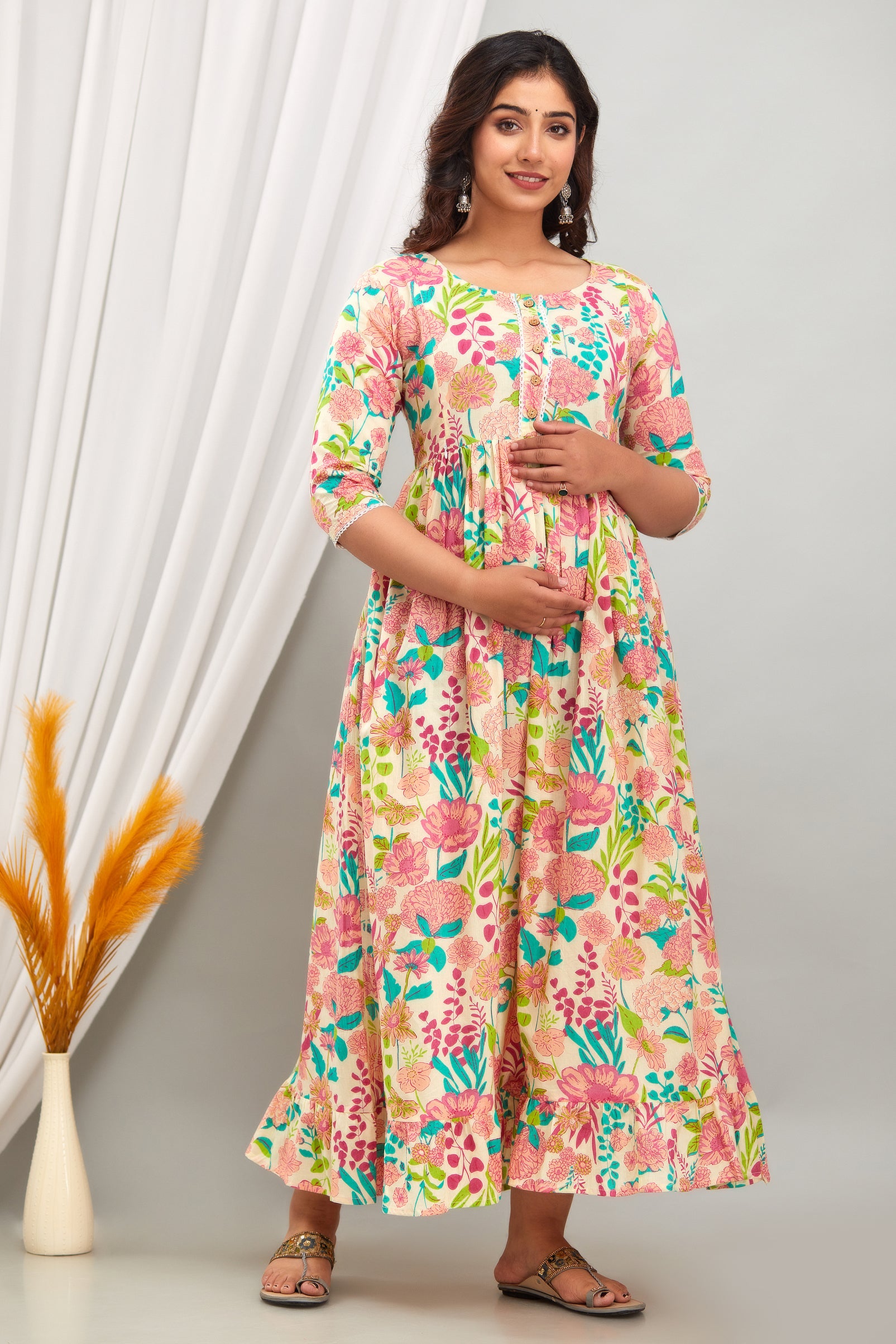 Cream Floral Pure Cotton Maternity Dress | Feeding Friendly Comfortable Pregnancy Wear - HENAL