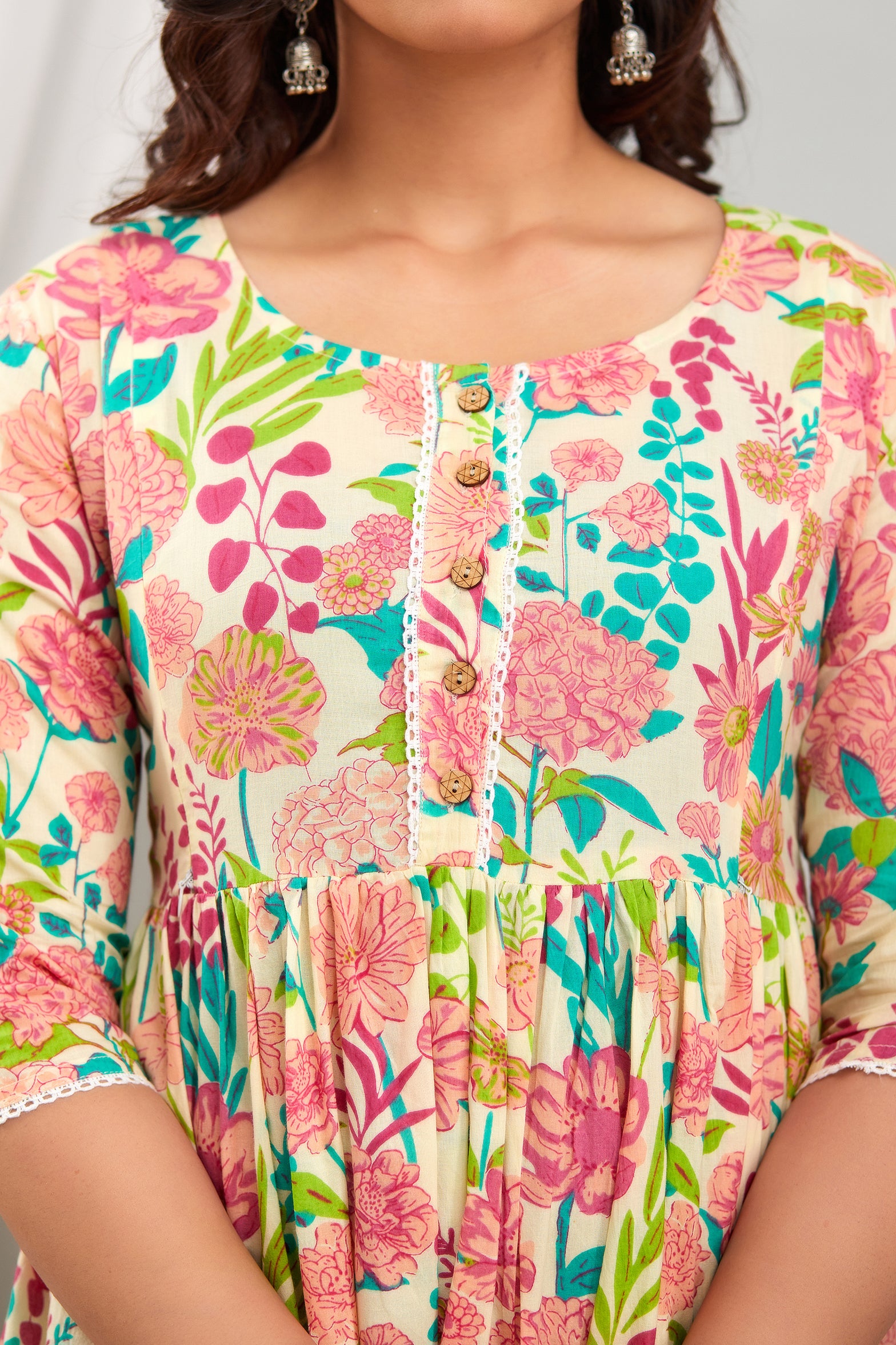 Cream Floral Pure Cotton Maternity Dress | Feeding Friendly Comfortable Pregnancy Wear - HENAL