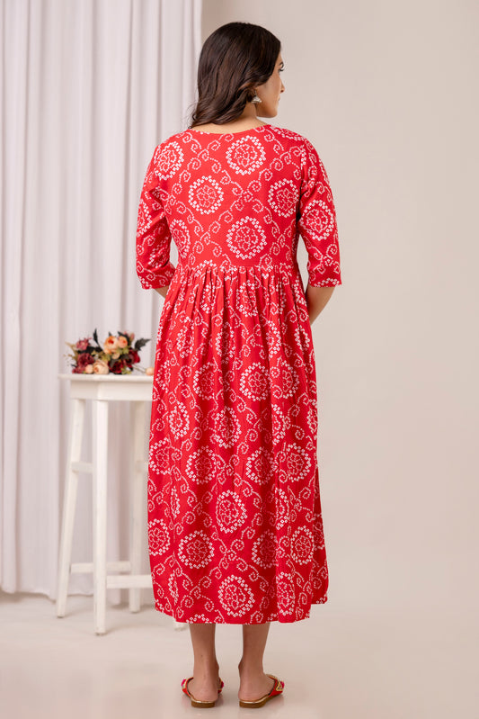 Red Bandhani Print Cotton Maternity Dress | Feeding Friendly Pregnancy Wear - HENAL