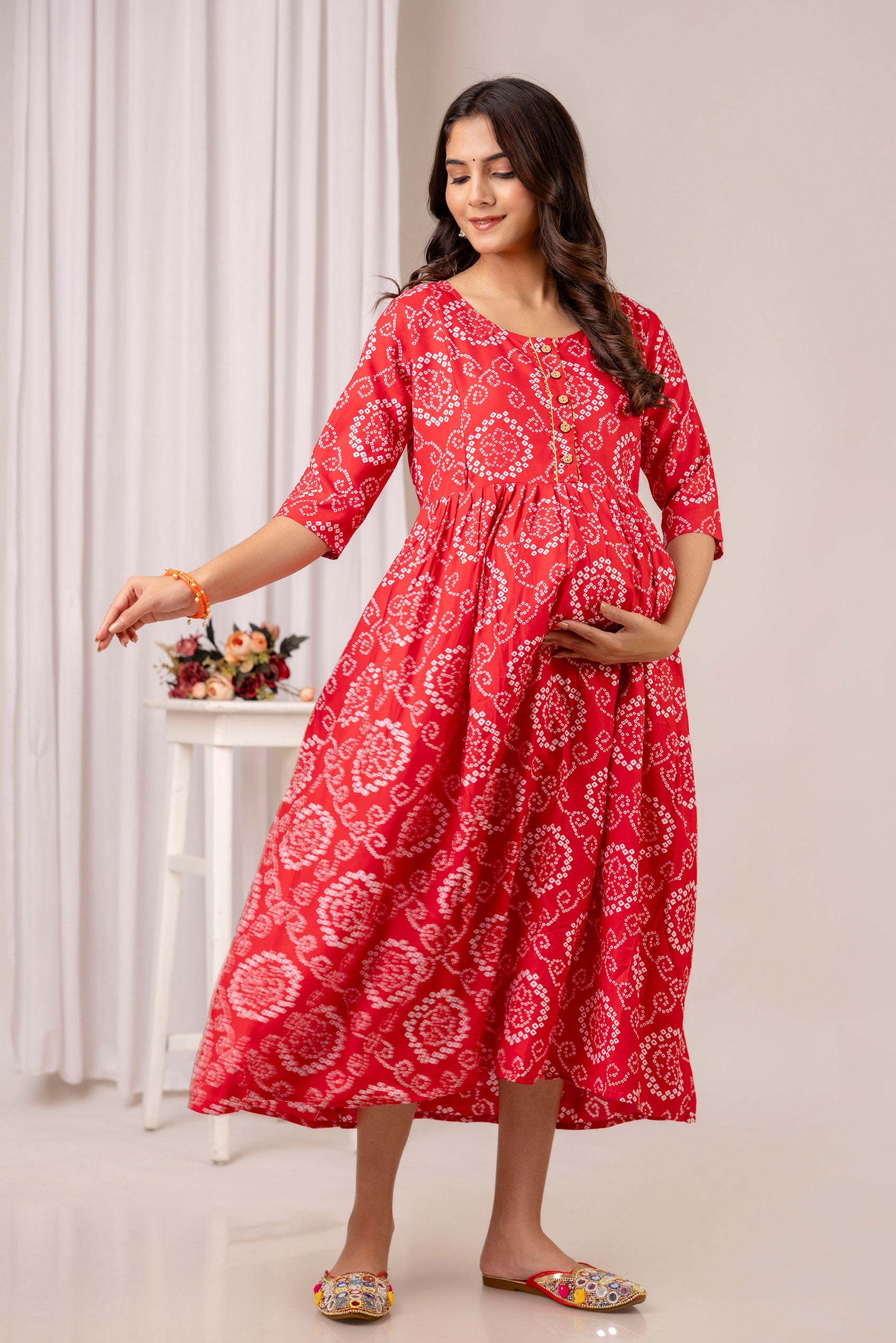 Red Bandhani Print Cotton Maternity Dress | Feeding Friendly Pregnancy Wear - HENAL