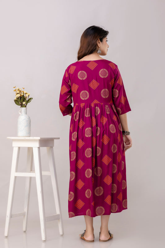 Wine Printed Rayon Maternity Dress | Feeding Friendly Comfortable Pregnancy Wear - HENAL