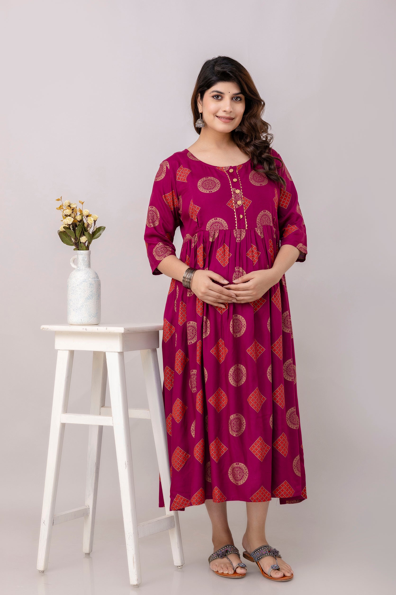 Wine Printed Rayon Maternity Dress | Feeding Friendly Comfortable Pregnancy Wear - HENAL