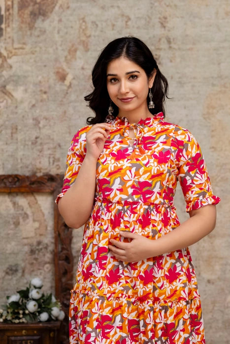 Henal Sunset Bloom Maternity Dress – Orange & Pink Floral Cotton Maxi for Moms