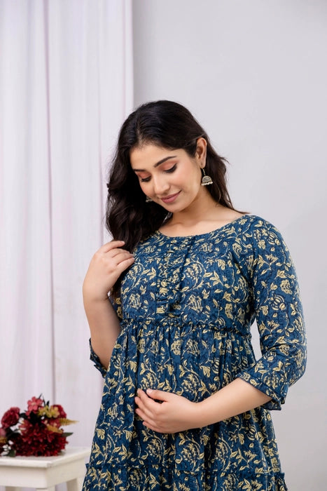 Henal Cotton Navy Blue Leaf Print Maternity Dress – Comfortable Maxi for Pregnancy & Nursing