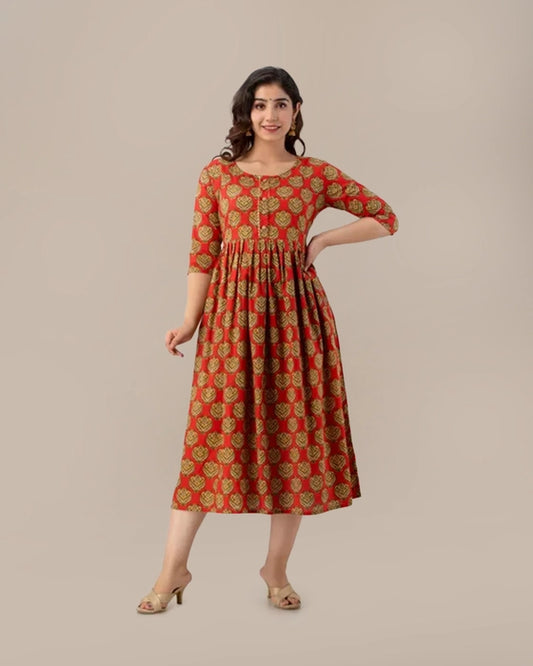 Orange Butta Printed Flear Kurta