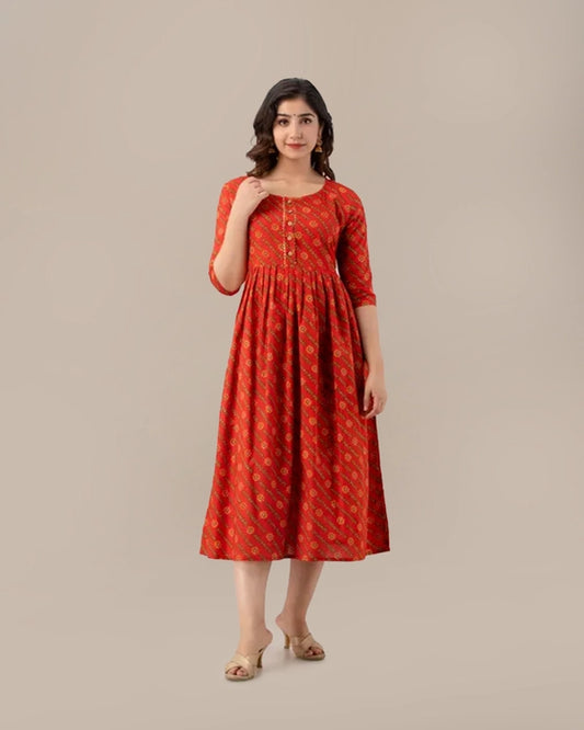 Orange Bell Printed Flear Kurta