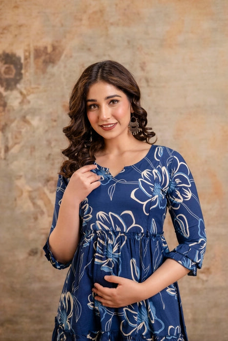 Henal Maternity Floral Printed Maxi Dress – Navy Blue