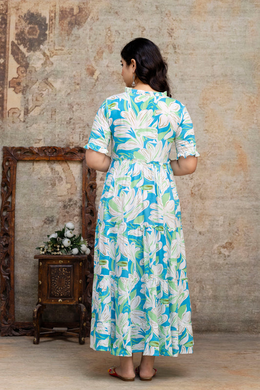 Printed Rayon Maternity Long Dress | Lightweight Feeding Friendly Pregnancy Wear for Women - HENAL