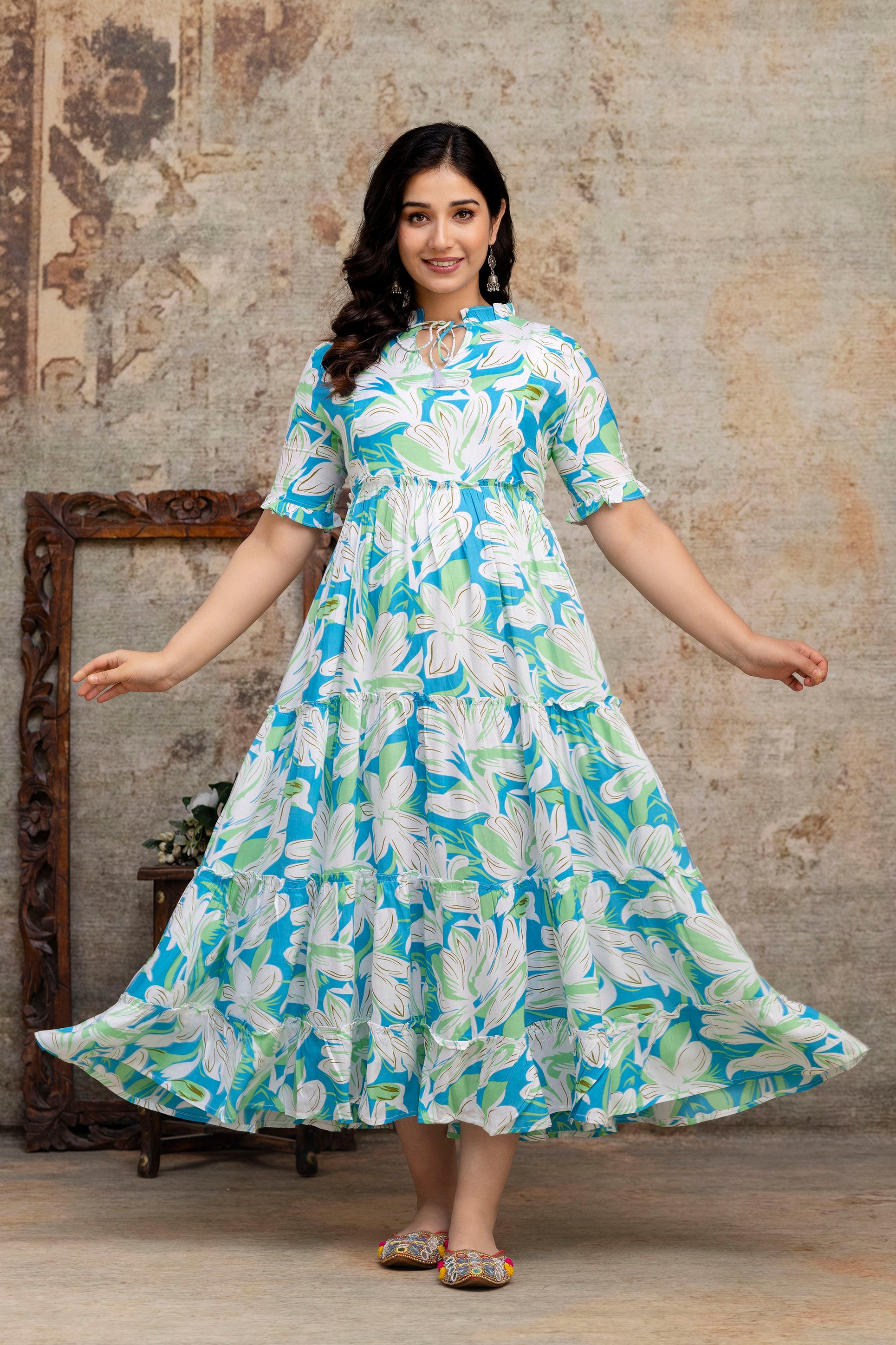 Printed Rayon Maternity Long Dress | Lightweight Feeding Friendly Pregnancy Wear for Women - HENAL