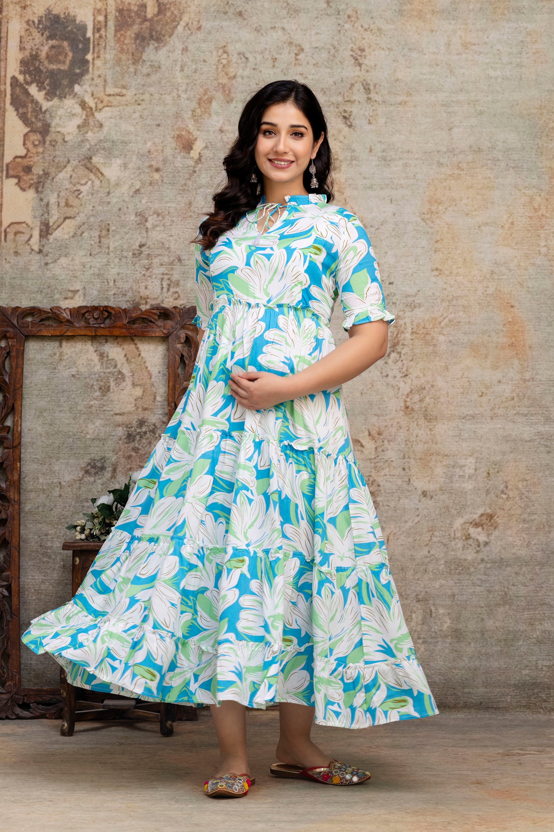 Printed Rayon Maternity Long Dress | Lightweight Feeding Friendly Pregnancy Wear for Women - HENAL
