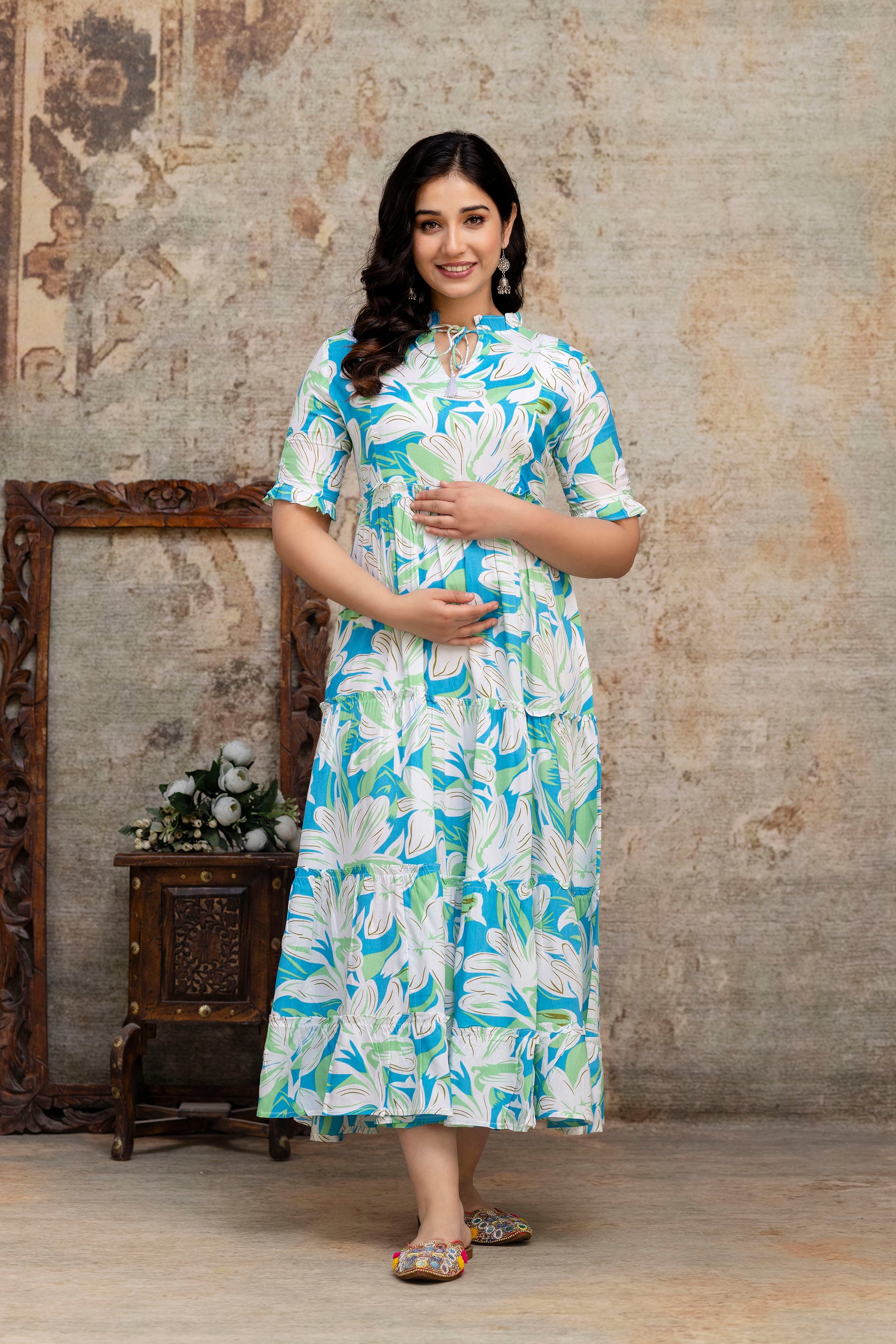 Printed Rayon Maternity Long Dress | Lightweight Feeding Friendly Pregnancy Wear for Women - HENAL