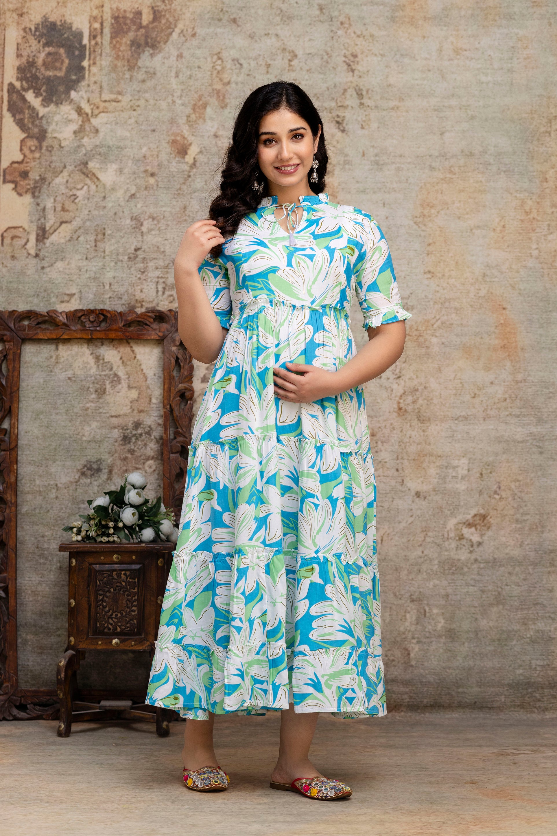 Printed Rayon Maternity Long Dress | Lightweight Feeding Friendly Pregnancy Wear for Women - HENAL