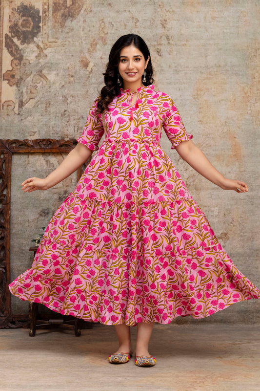 Pink Floral Pure Rayon Maternity Dress | Feeding Friendly Comfortable Pregnancy Wear for Women - HENAL