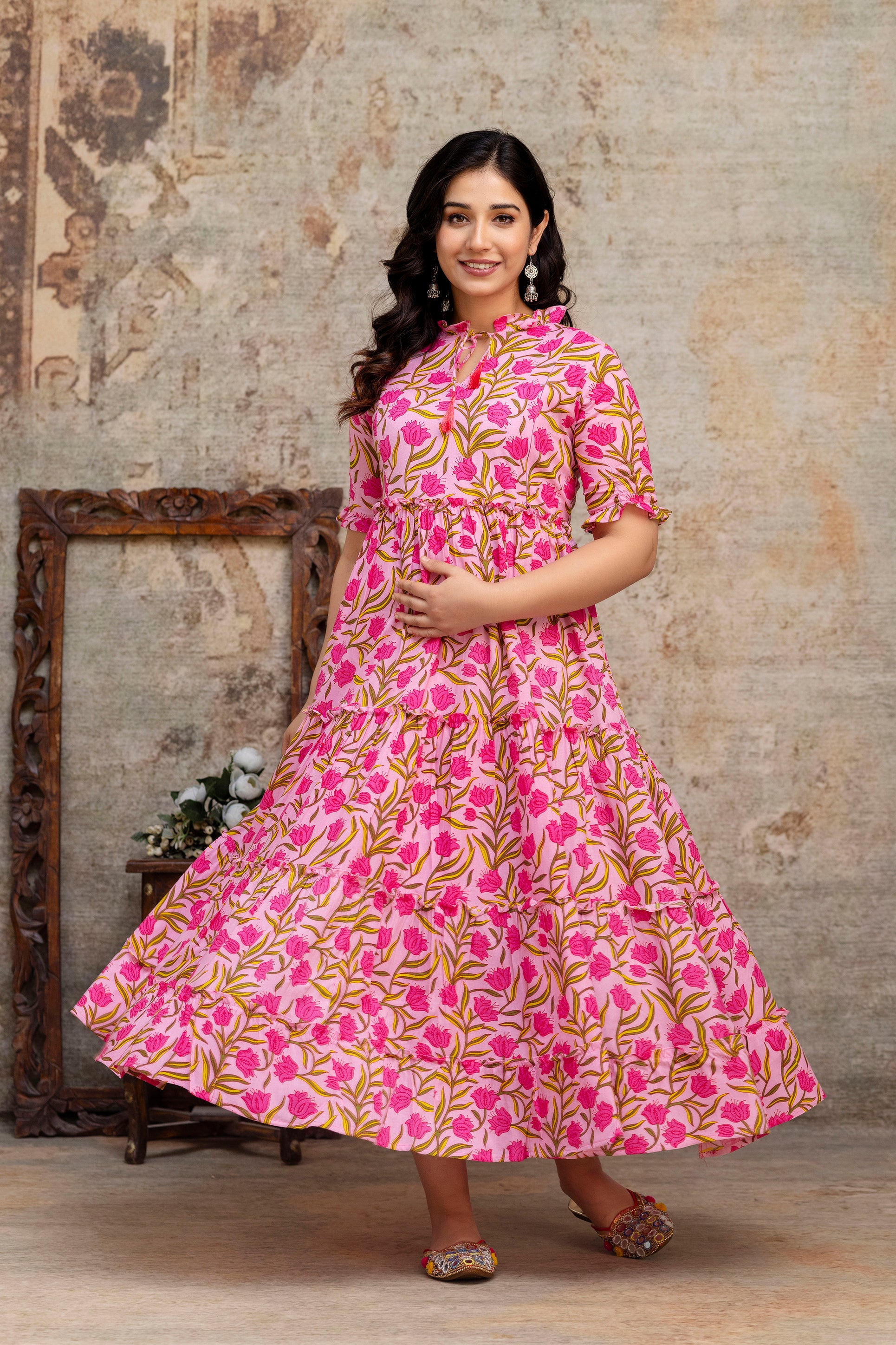 Pink Floral Pure Rayon Maternity Dress | Feeding Friendly Comfortable Pregnancy Wear for Women - HENAL