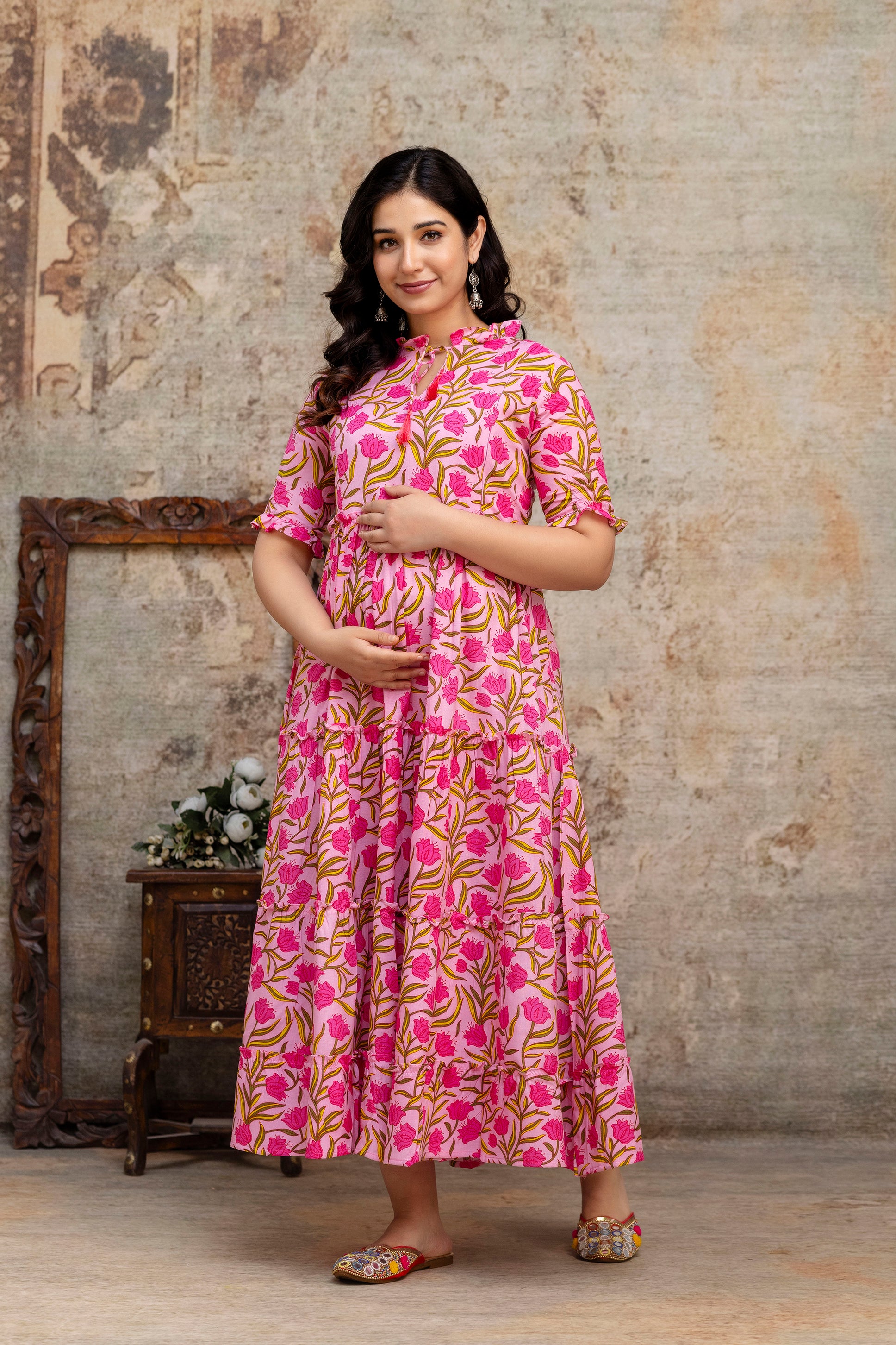 Pink Floral Pure Rayon Maternity Dress | Feeding Friendly Comfortable Pregnancy Wear for Women - HENAL