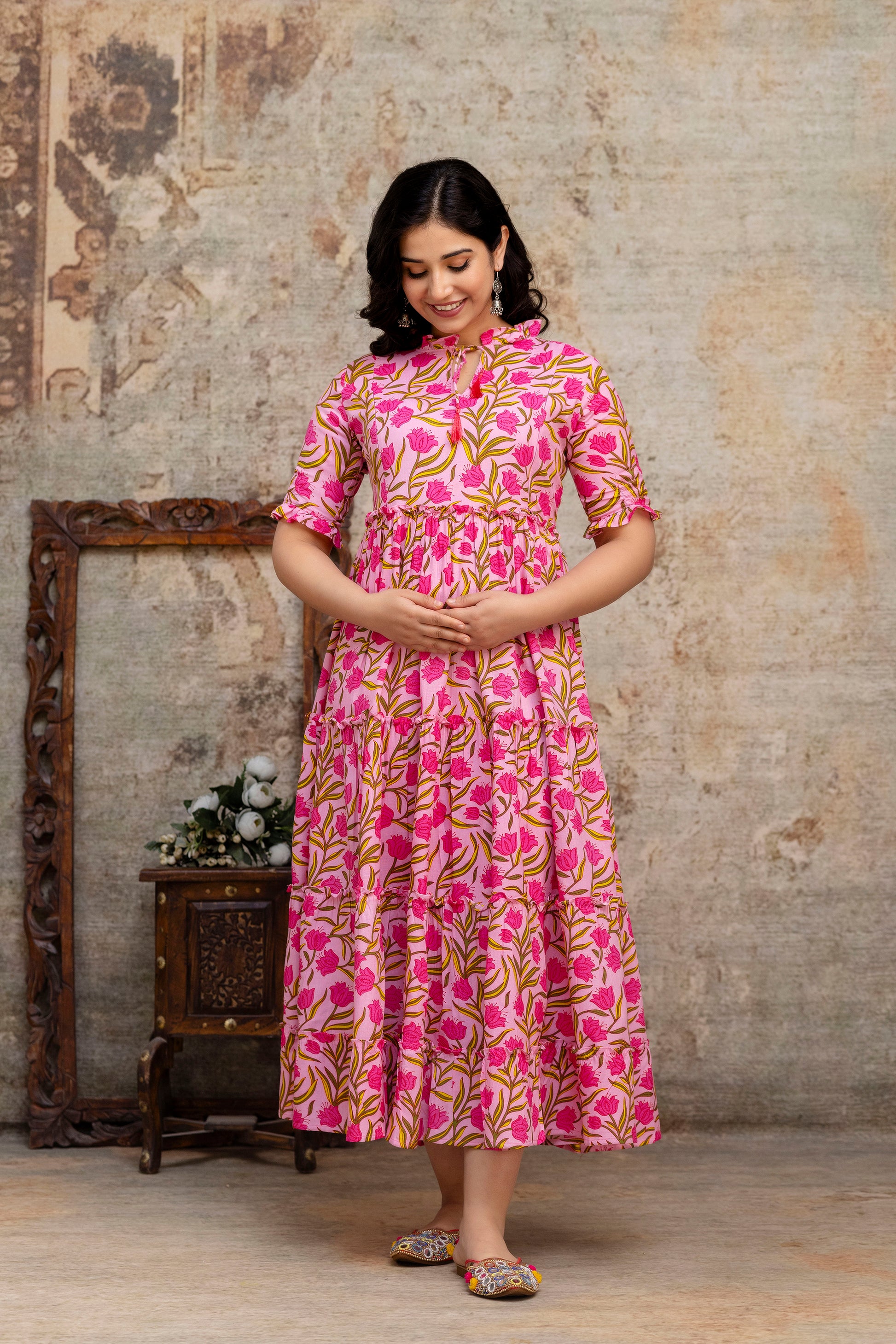 Pink Floral Pure Rayon Maternity Dress | Feeding Friendly Comfortable Pregnancy Wear for Women - HENAL