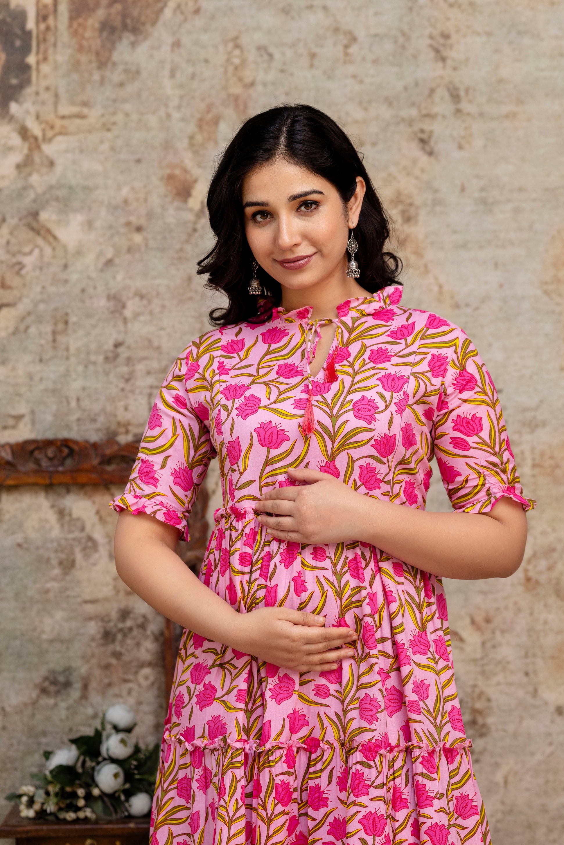 Pink Floral Pure Rayon Maternity Dress | Feeding Friendly Comfortable Pregnancy Wear for Women - HENAL