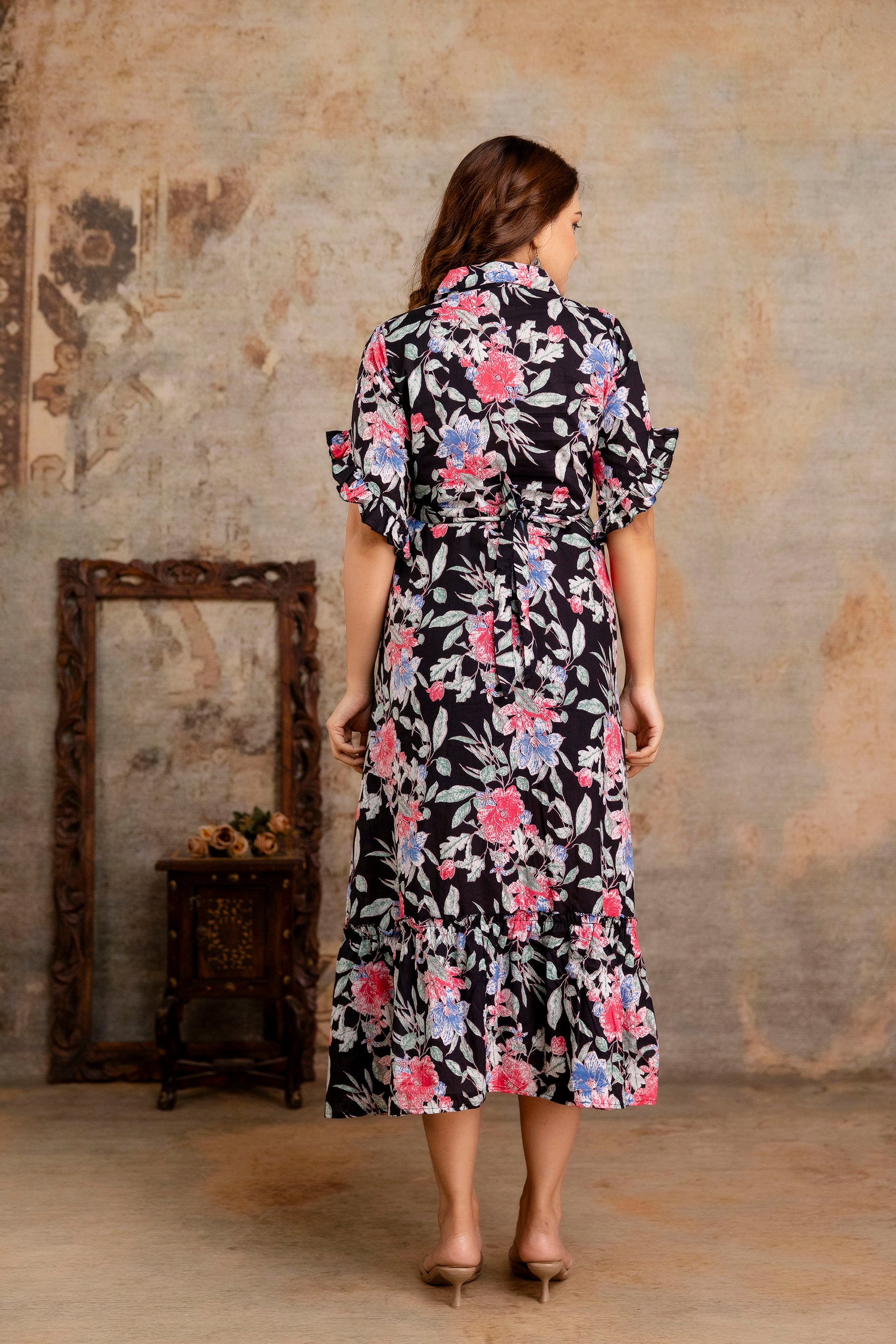 Black Floral Pure Cotton Maternity Dress | Feeding Friendly Comfortable Pregnancy Wear for Women - HENAL