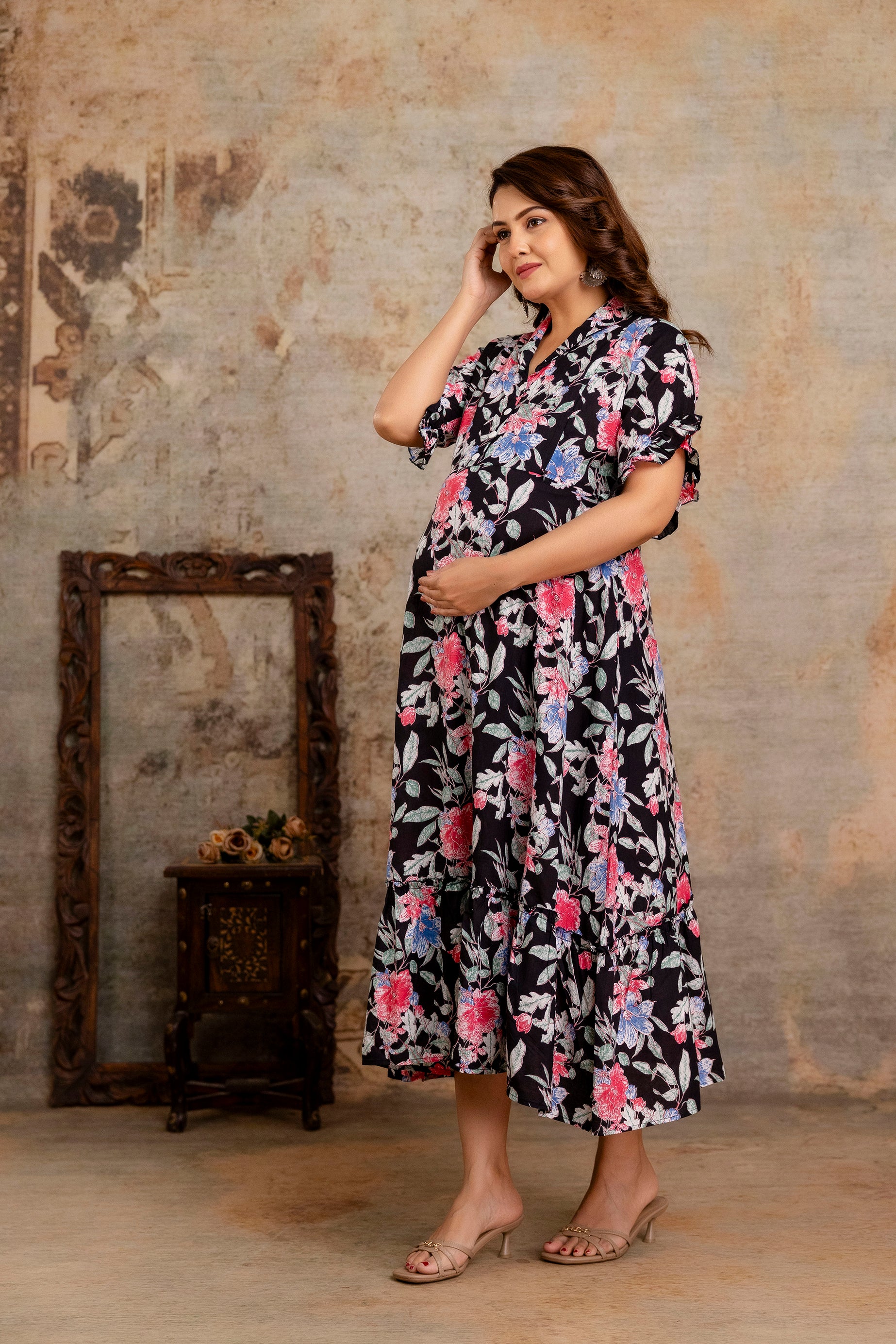 Black Floral Pure Cotton Maternity Dress | Feeding Friendly Comfortable Pregnancy Wear for Women - HENAL