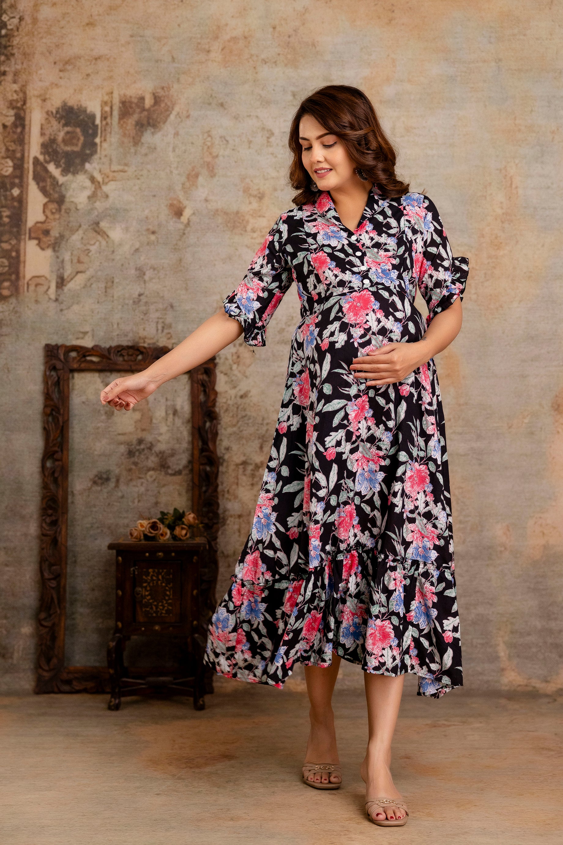 Black Floral Pure Cotton Maternity Dress | Feeding Friendly Comfortable Pregnancy Wear for Women - HENAL