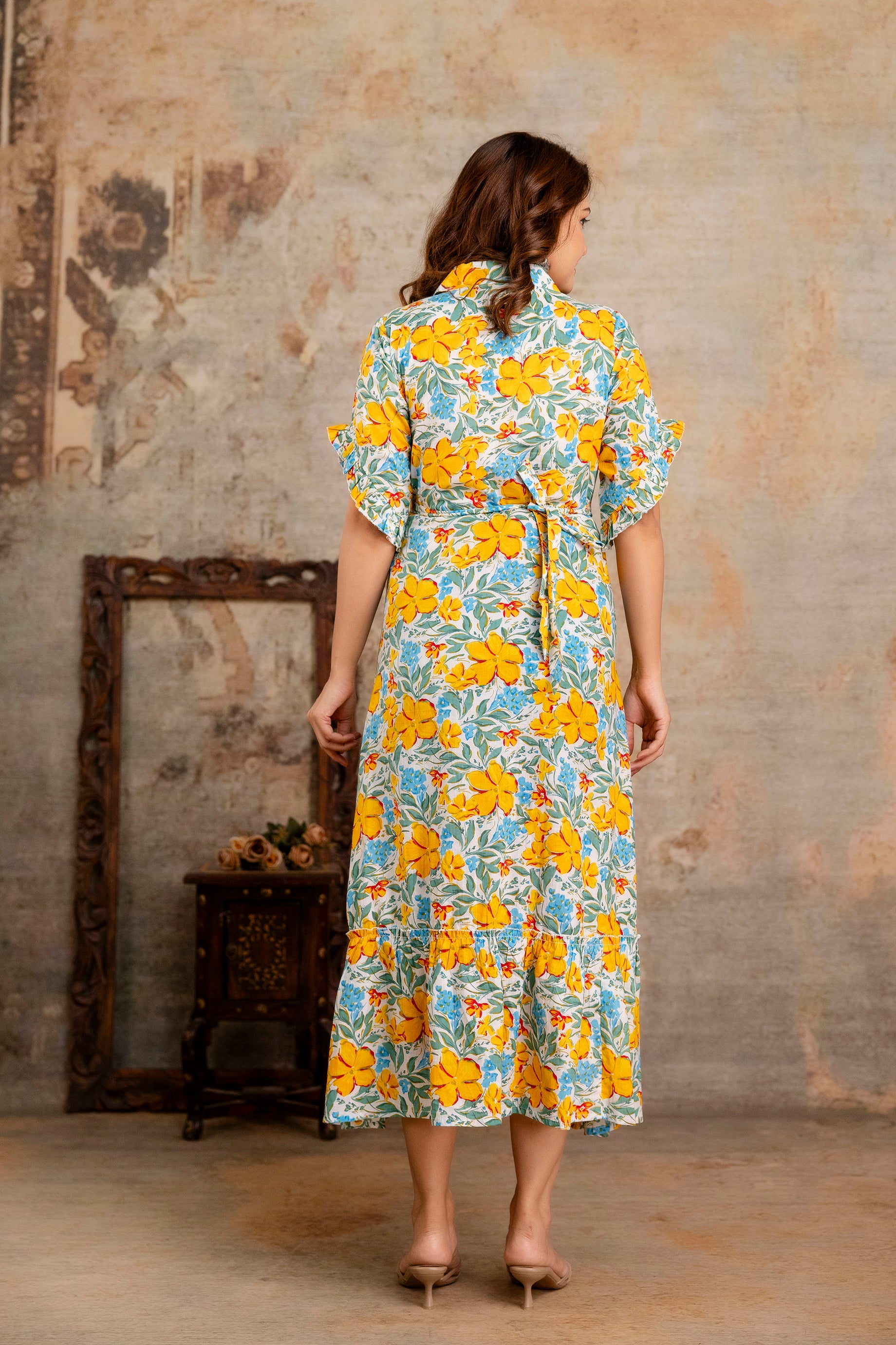 Yellow Floral Pure Cotton Maternity Dress | Feeding Friendly Comfortable Pregnancy Wear - HENAL